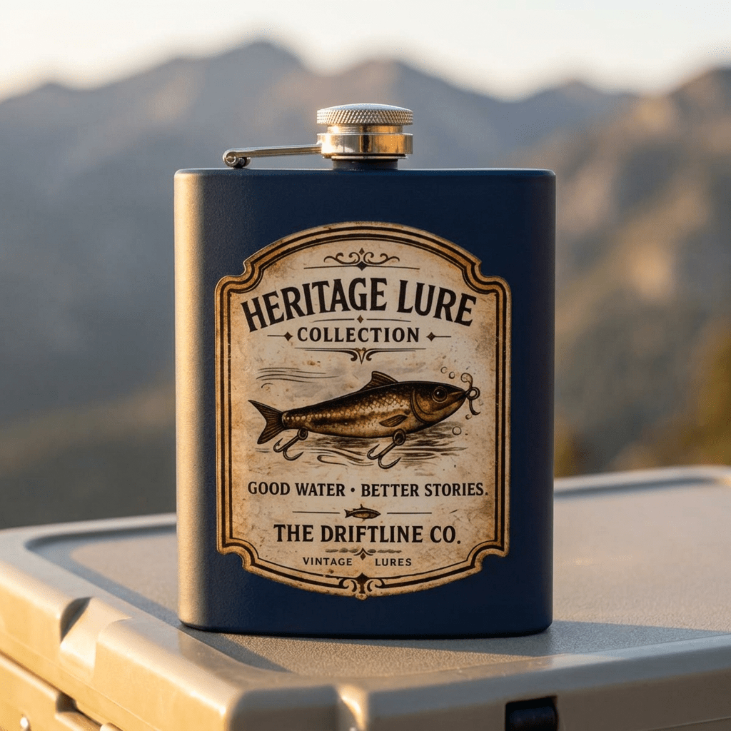 Heritage Lure Collection Hip Flask | Vintage Fishing Stainless Steel Flask | The Driftline Company - SJM Print Store