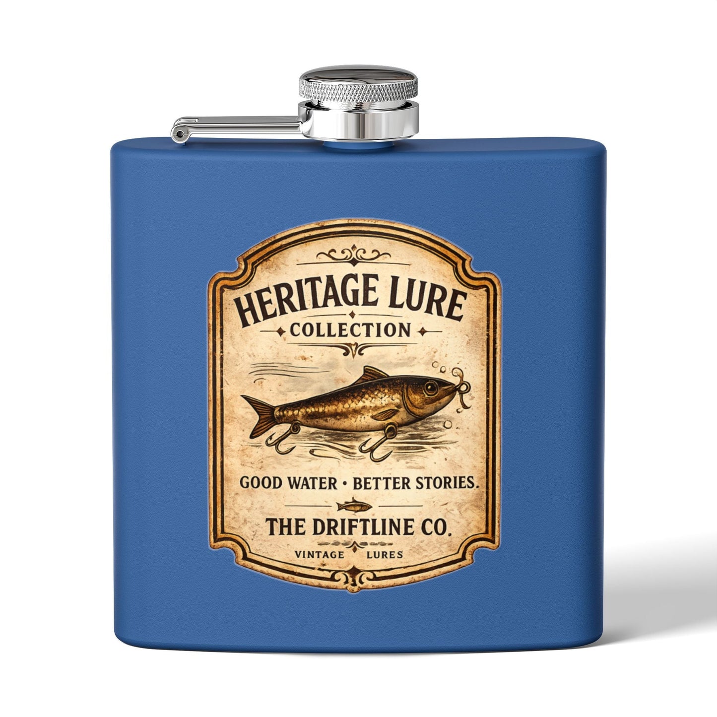 Heritage Lure Collection Hip Flask | Vintage Fishing Stainless Steel Flask | The Driftline Company - SJM Print Store