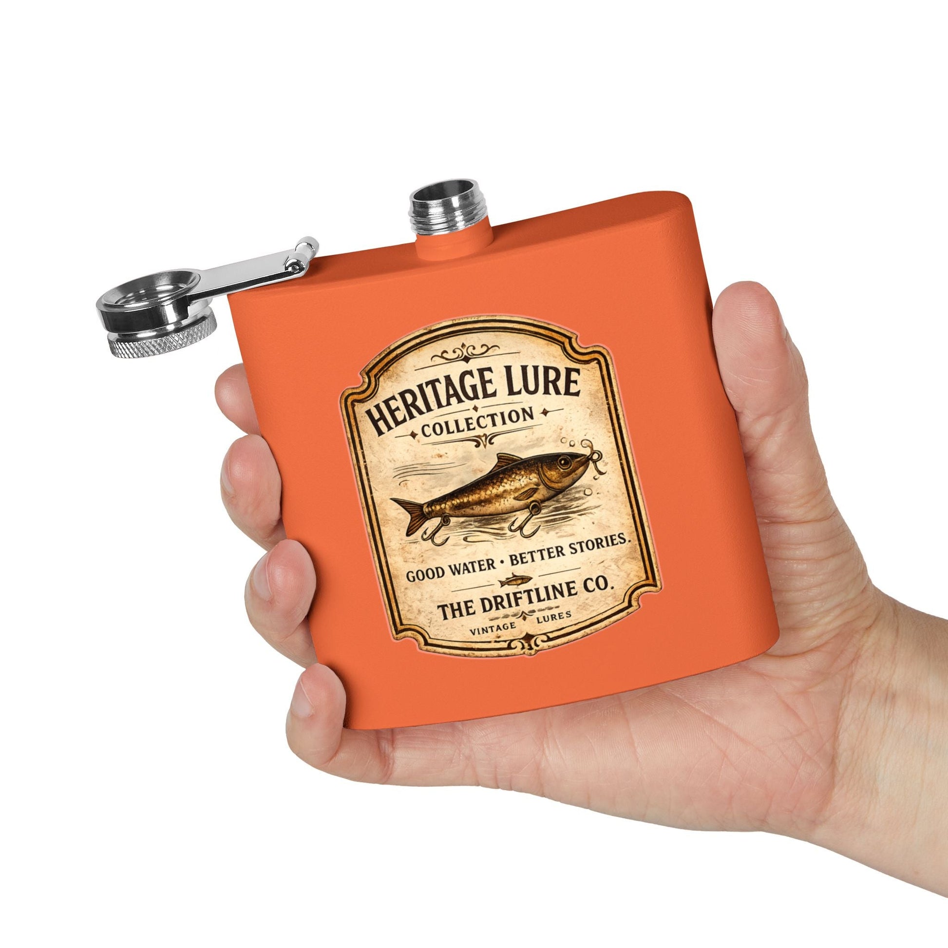 Heritage Lure Collection Hip Flask | Vintage Fishing Stainless Steel Flask | The Driftline Company - SJM Print Store