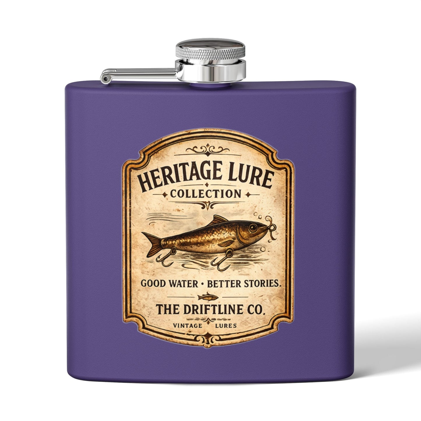 Heritage Lure Collection Hip Flask | Vintage Fishing Stainless Steel Flask | The Driftline Company - SJM Print Store