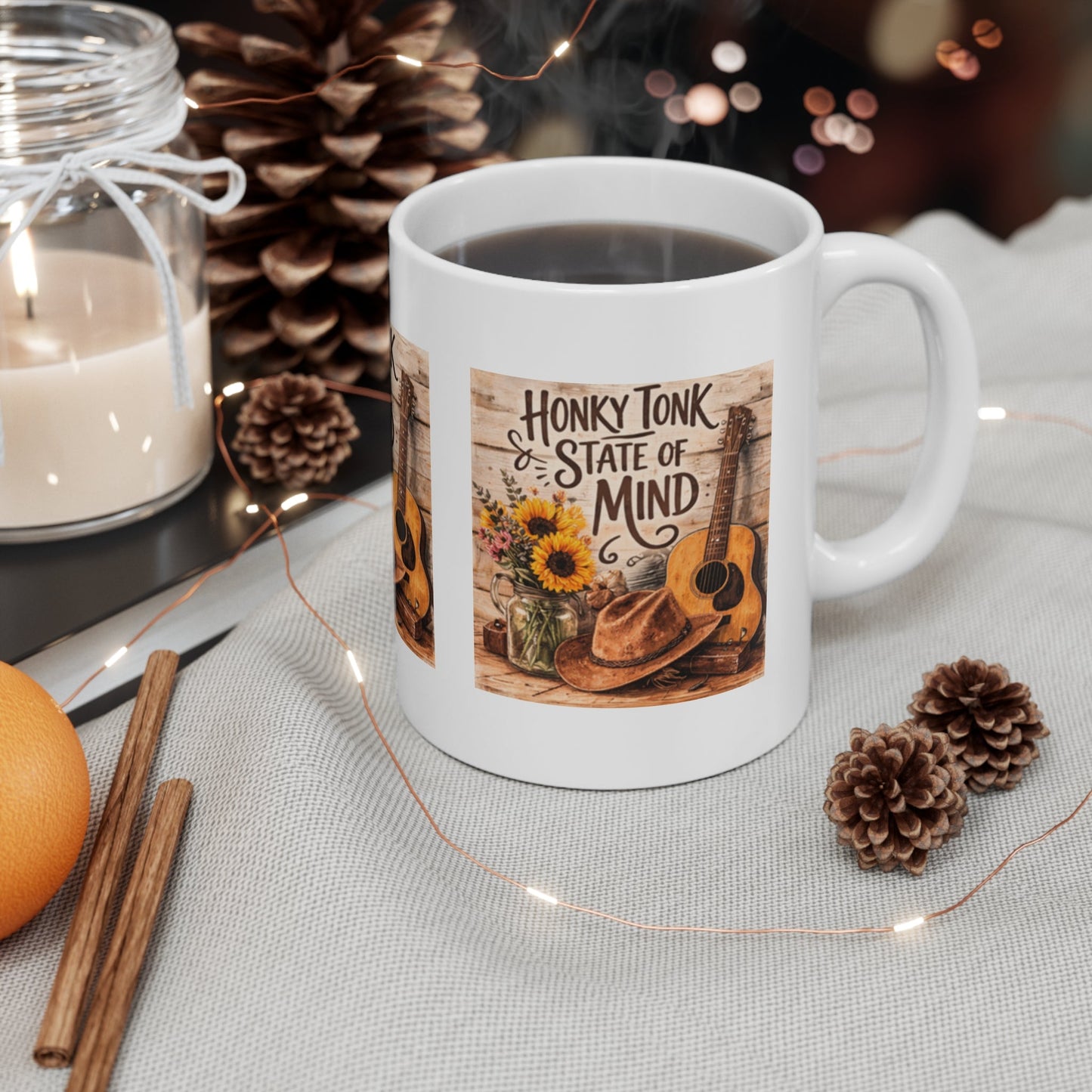 Honky Tonk State of Mind Ceramic Mug â€” Country Guitar & Sunflower Coffee Cup (11oz) - SJM Print Store
