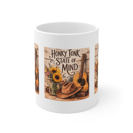 Honky Tonk State of Mind Ceramic Mug â€” Country Guitar & Sunflower Coffee Cup (11oz) - SJM Print Store
