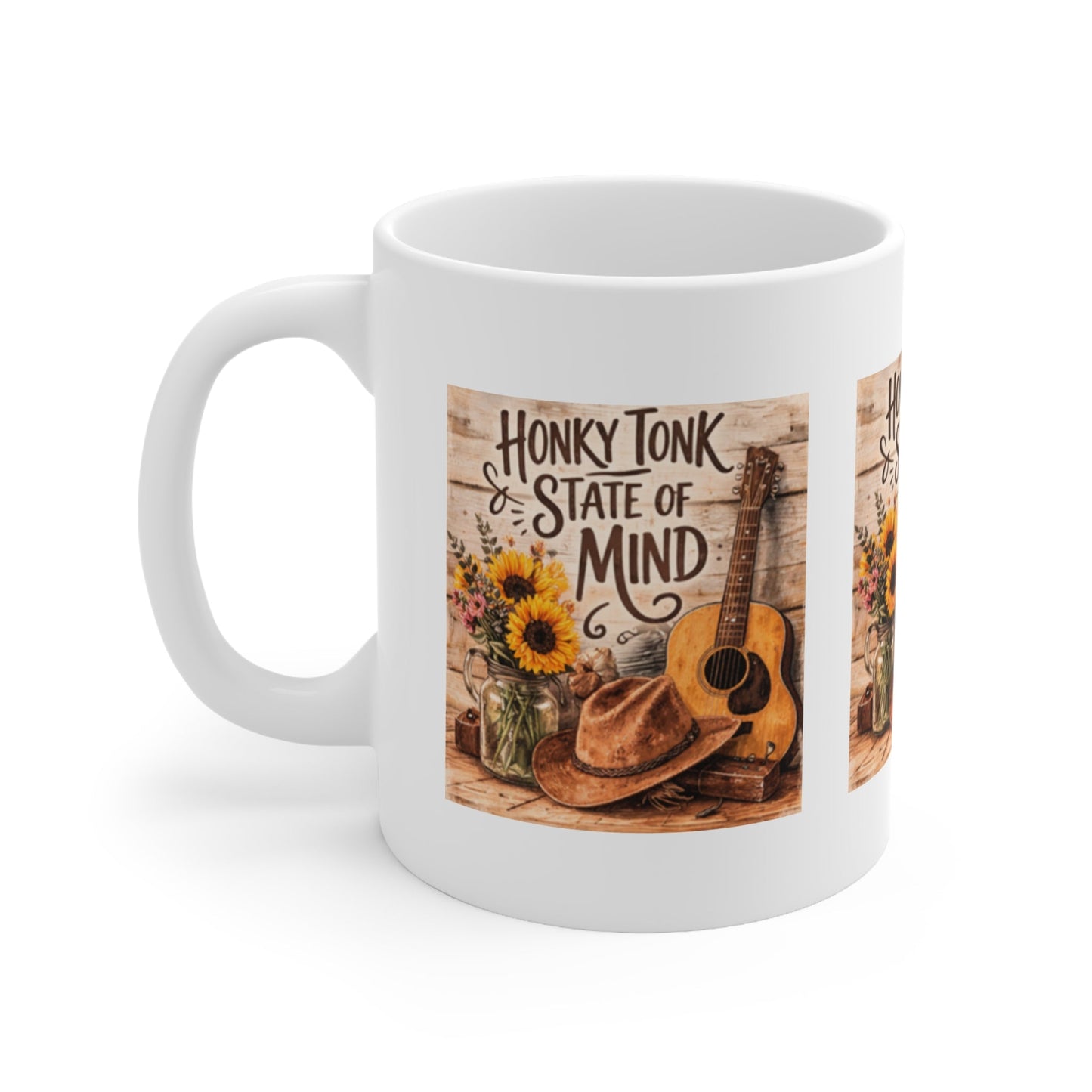 Honky Tonk State of Mind Ceramic Mug â€” Country Guitar & Sunflower Coffee Cup (11oz) - SJM Print Store