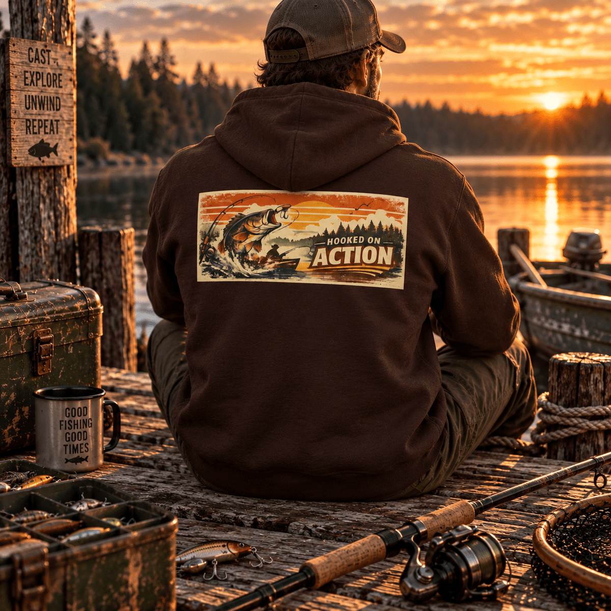 Hooked on Action Back Print Hoodie – Retro Fishing Hoodie - SJM Print Store