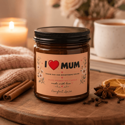I Love Mum Comfort Spice Soy Candle | Hand Poured Gift for Mum | Cosy Home Fragrance | 4oz & 9oz - SJM Print Store