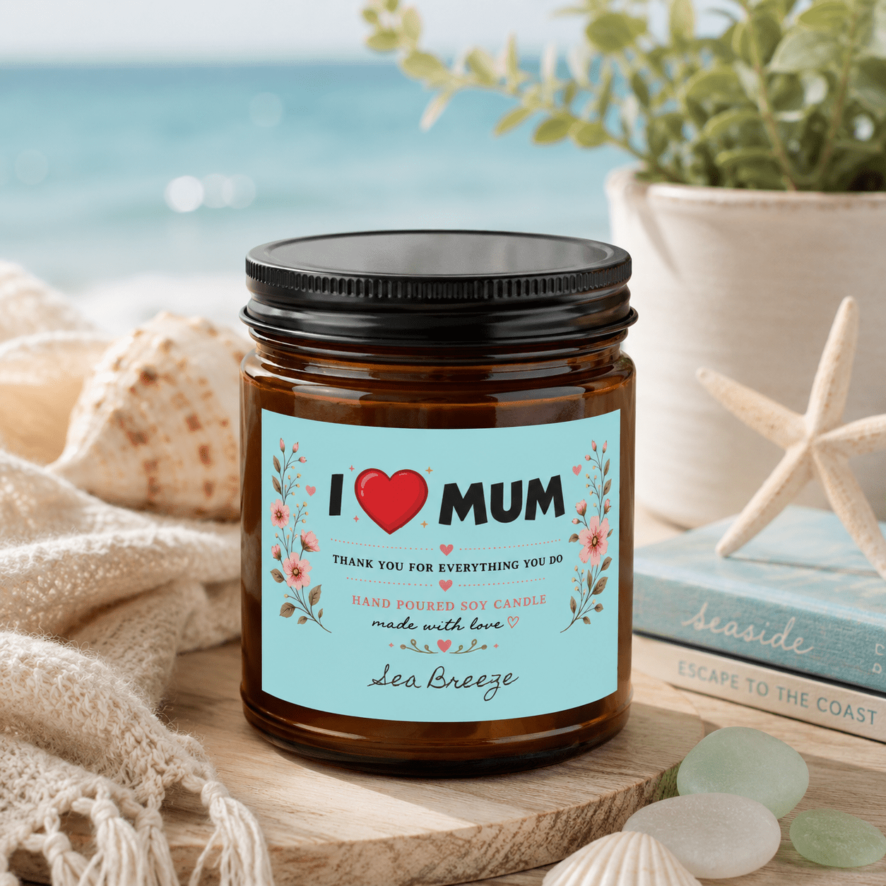 I Love Mum Sea Breeze Soy Candle | Hand Poured Gift for Mum | Fresh Coastal Home Fragrance | 4oz & 9oz - SJM Print Store