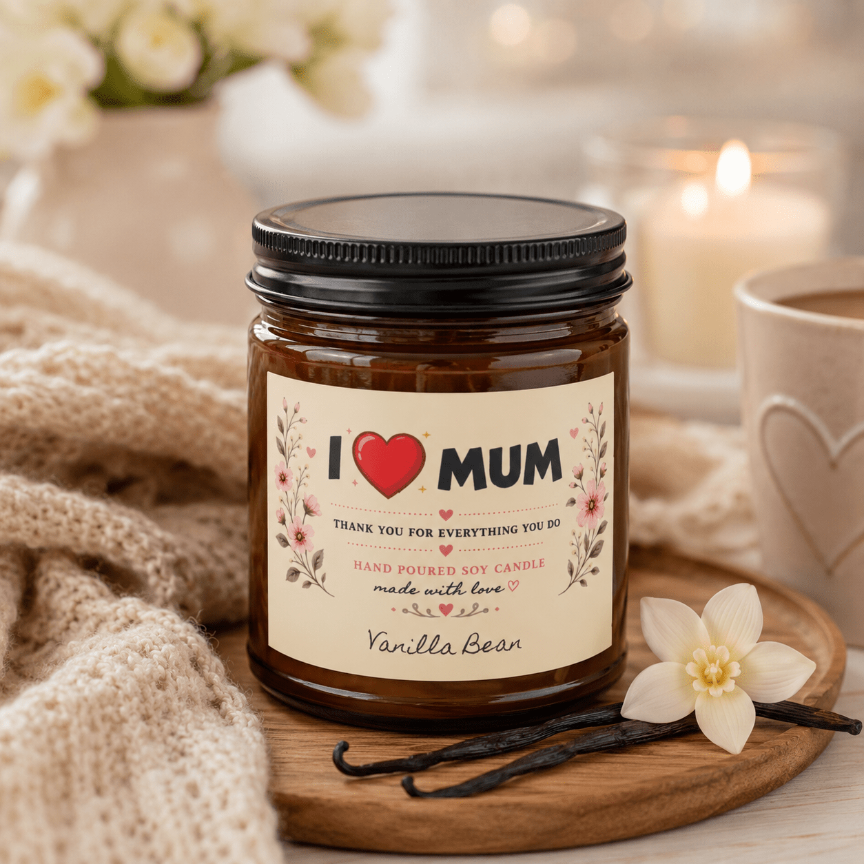 I Love Mum Vanilla Bean Soy Candle | Hand Poured Gift for Mum | 4oz & 9oz - SJM Print Store
