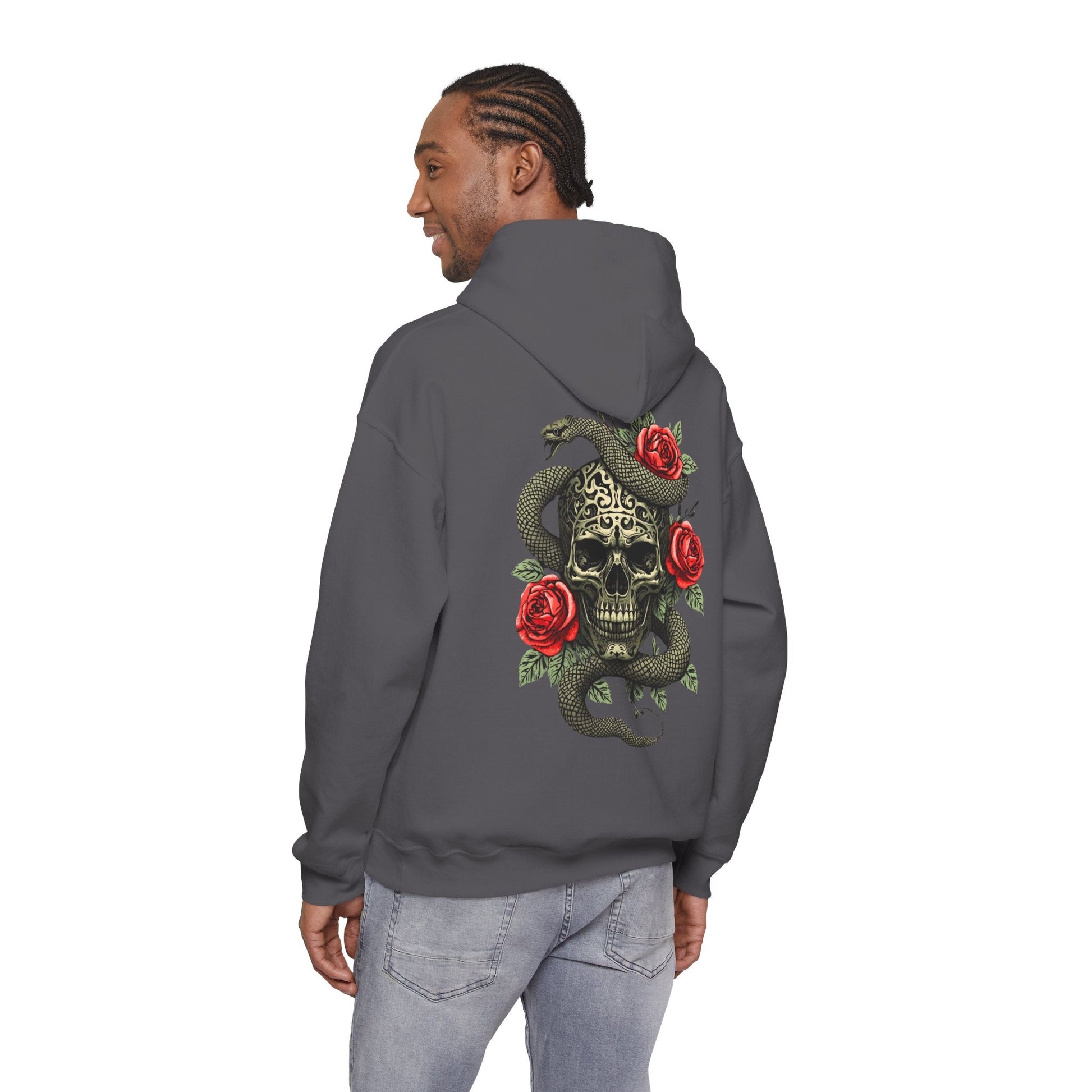 Iron Skull with Snake and Roses Hoodie | Back Print - SJM Print Store