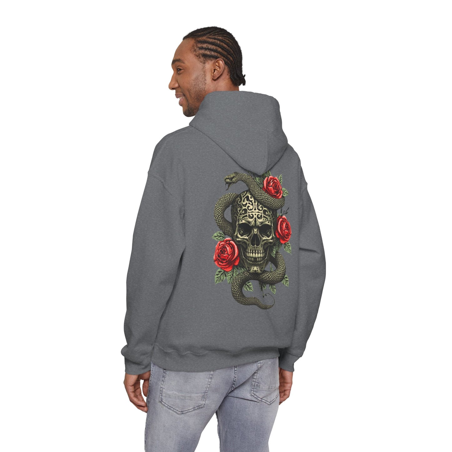 Iron Skull with Snake and Roses Hoodie | Back Print - SJM Print Store