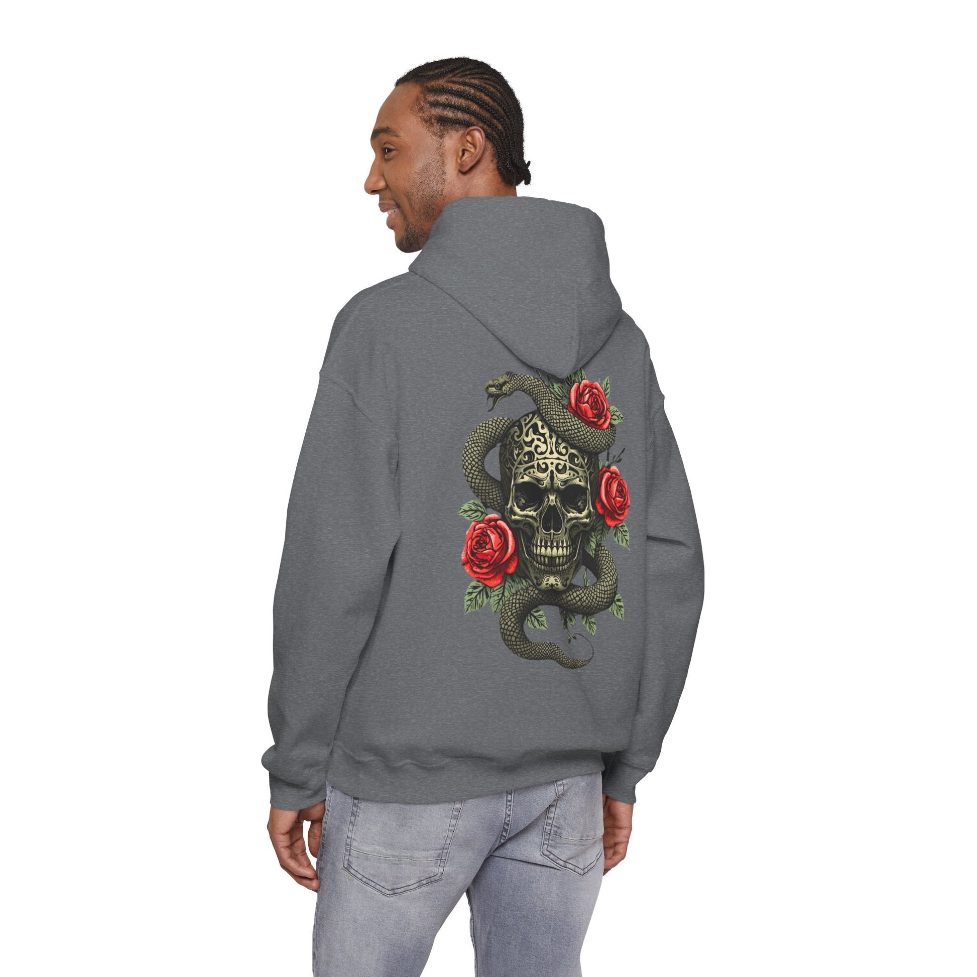Iron Skull with Snake and Roses Hoodie | Back Print - SJM Print Store