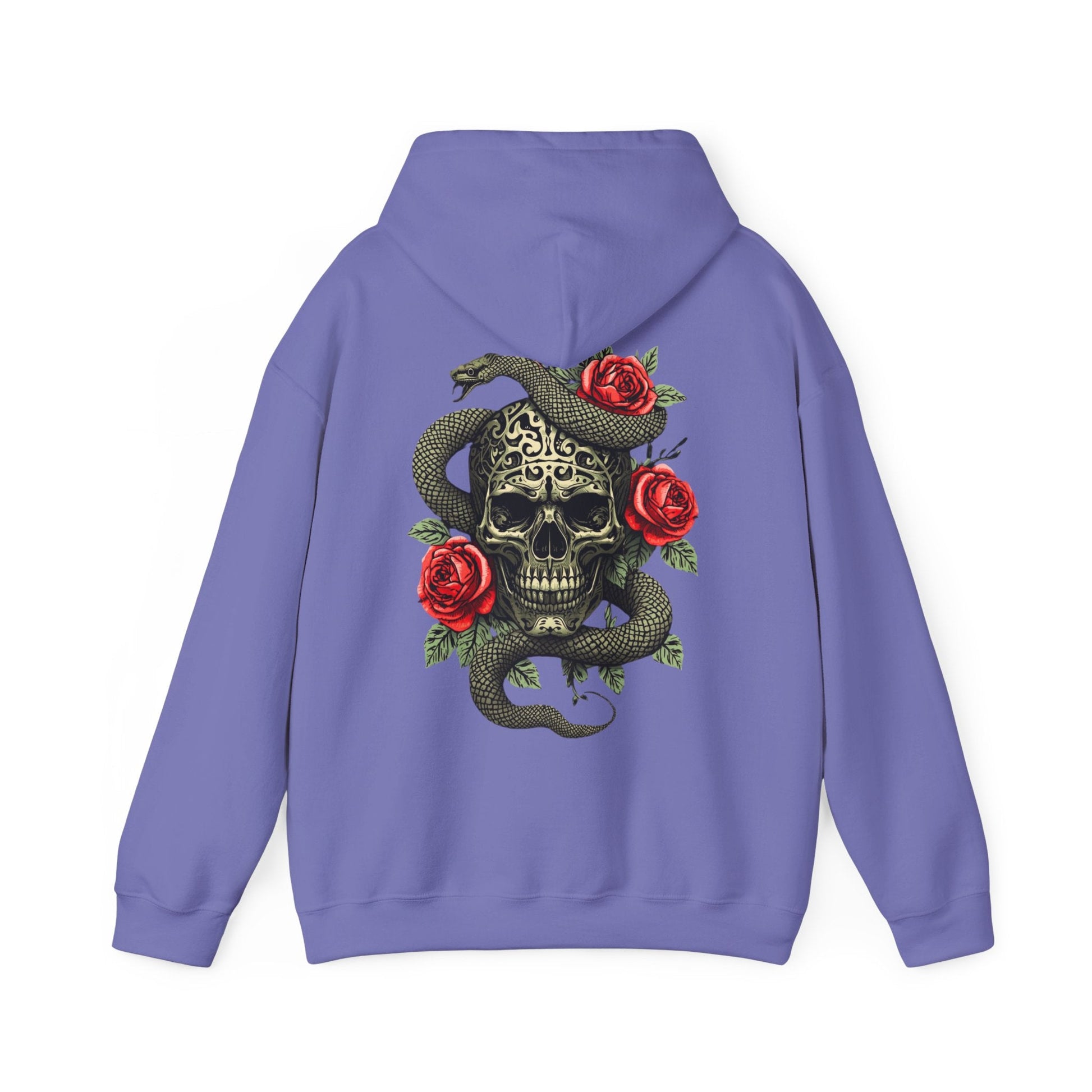 Iron Skull with Snake and Roses Hoodie | Back Print - SJM Print Store