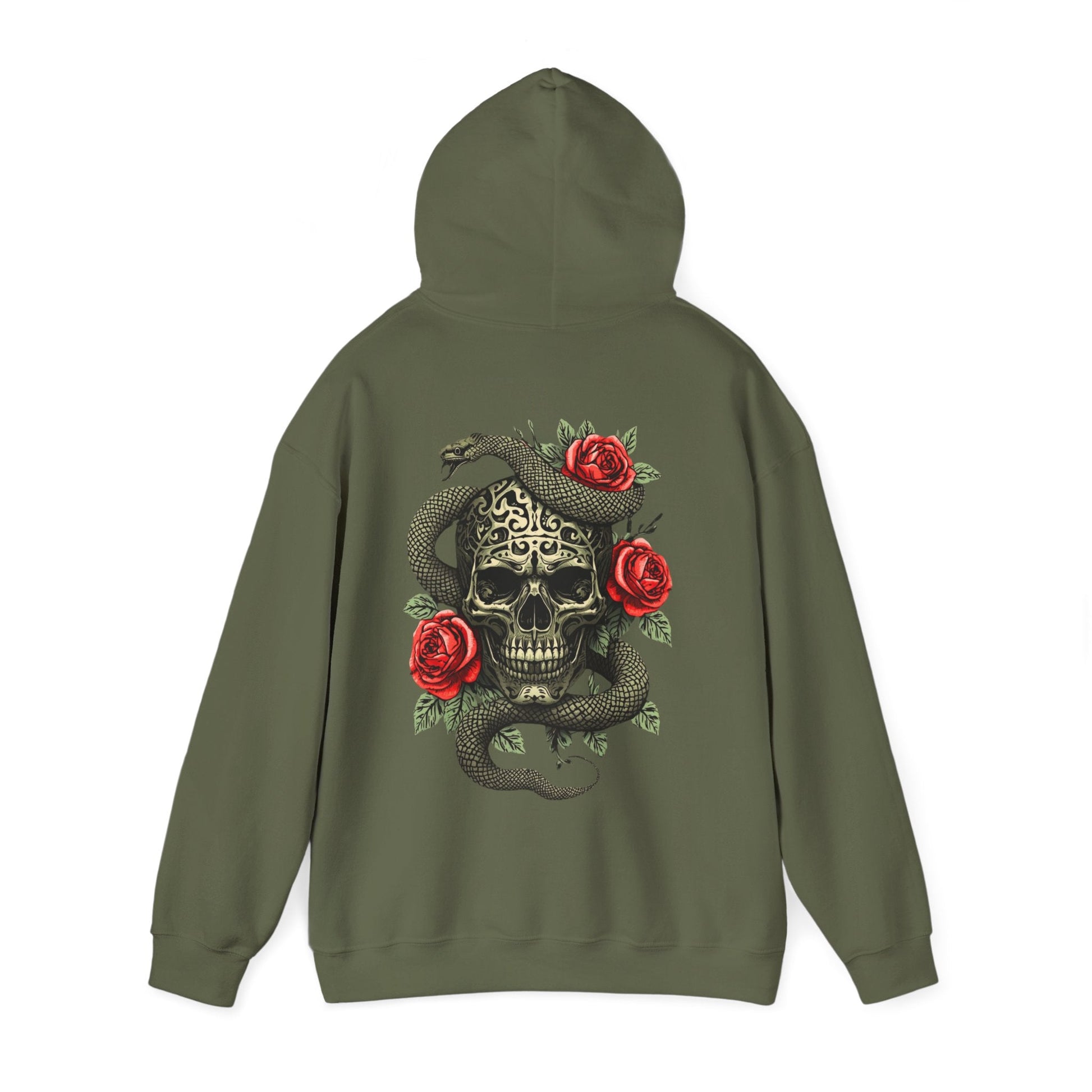 Iron Skull with Snake and Roses Hoodie | Back Print - SJM Print Store