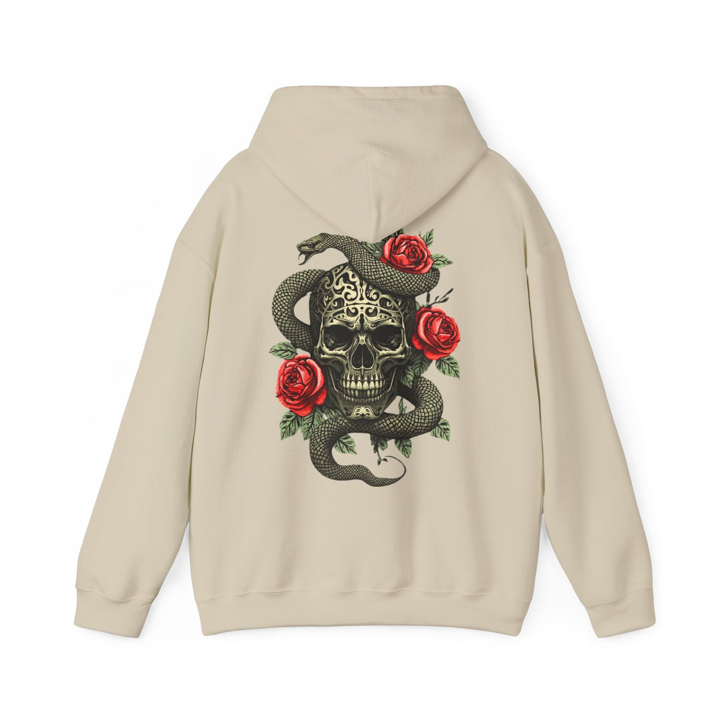 Iron Skull with Snake and Roses Hoodie | Back Print - SJM Print Store
