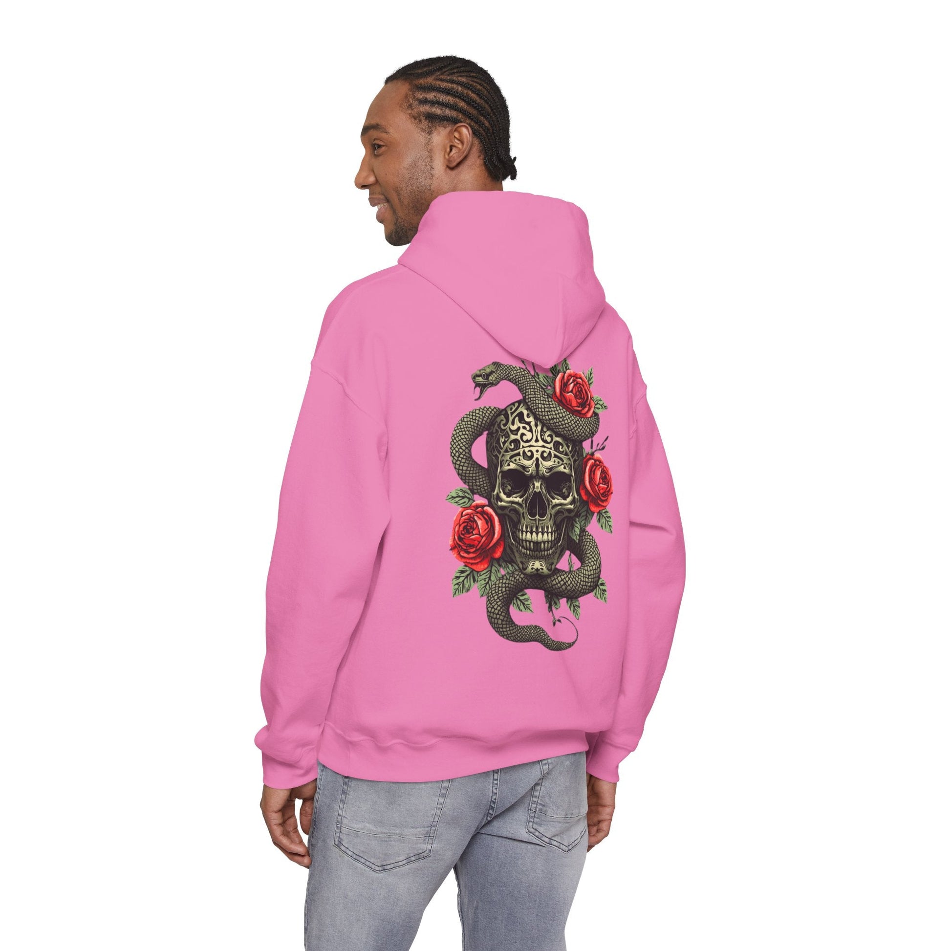 Iron Skull with Snake and Roses Hoodie | Back Print - SJM Print Store