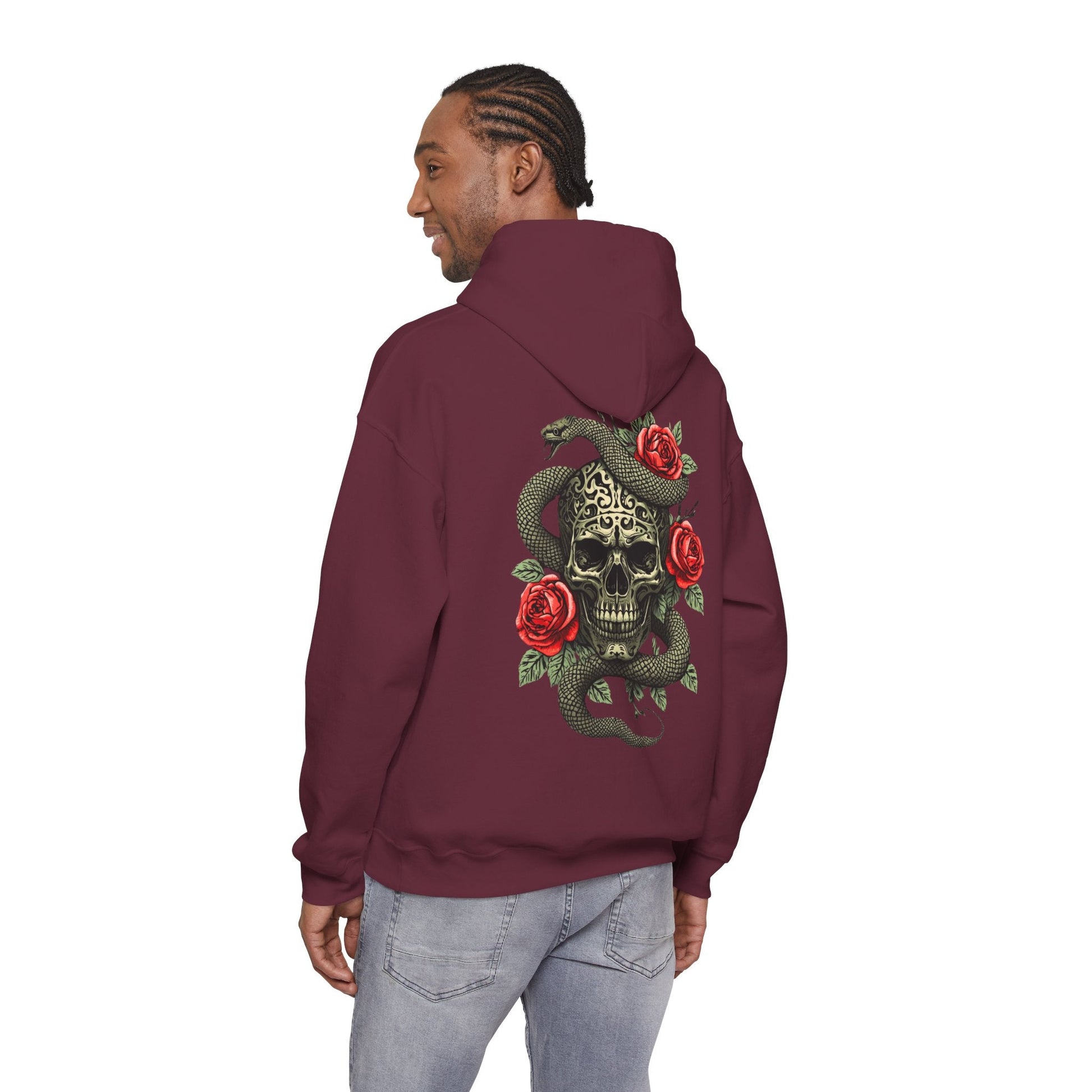 Iron Skull with Snake and Roses Hoodie | Back Print - SJM Print Store