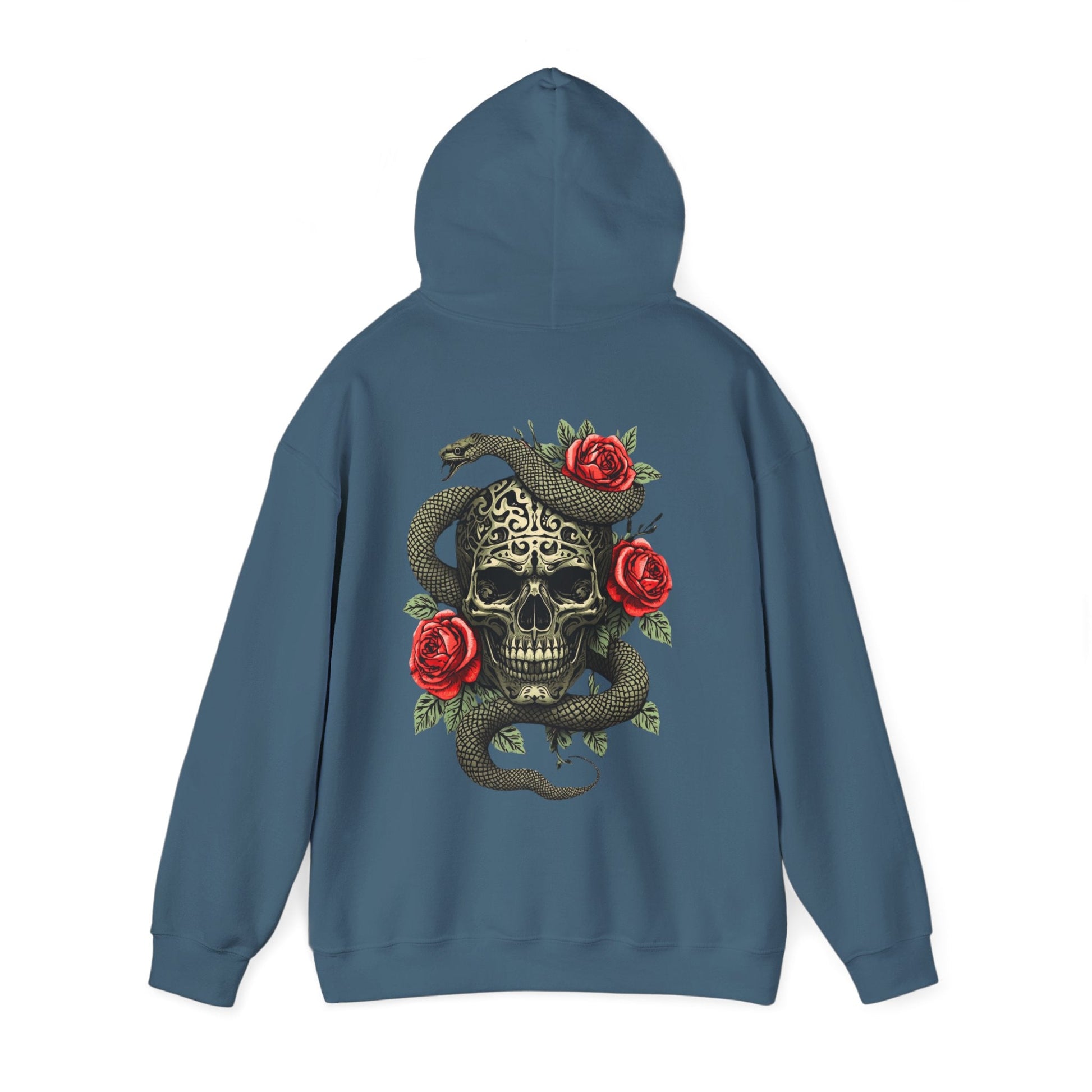 Iron Skull with Snake and Roses Hoodie | Back Print - SJM Print Store