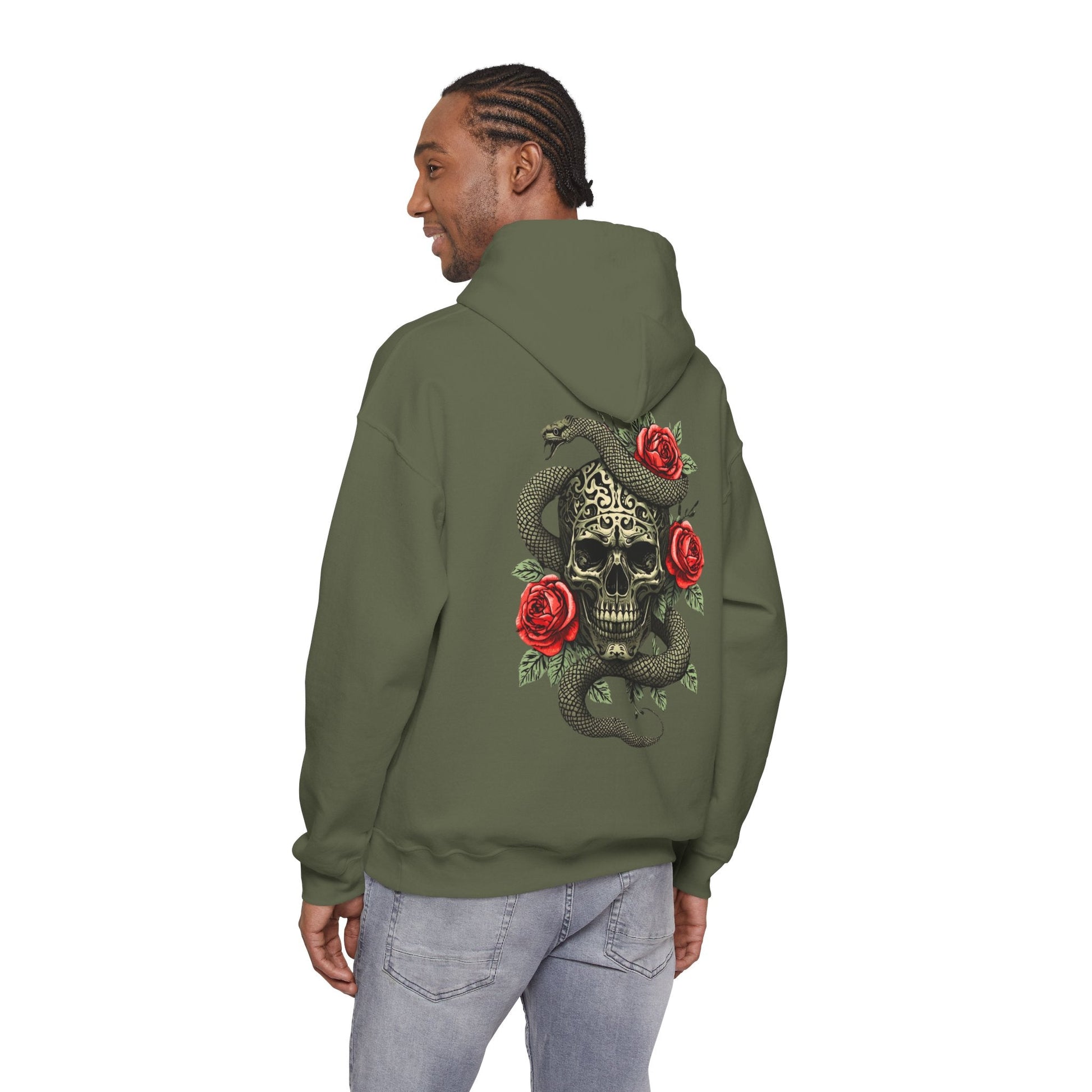 Iron Skull with Snake and Roses Hoodie | Back Print - SJM Print Store