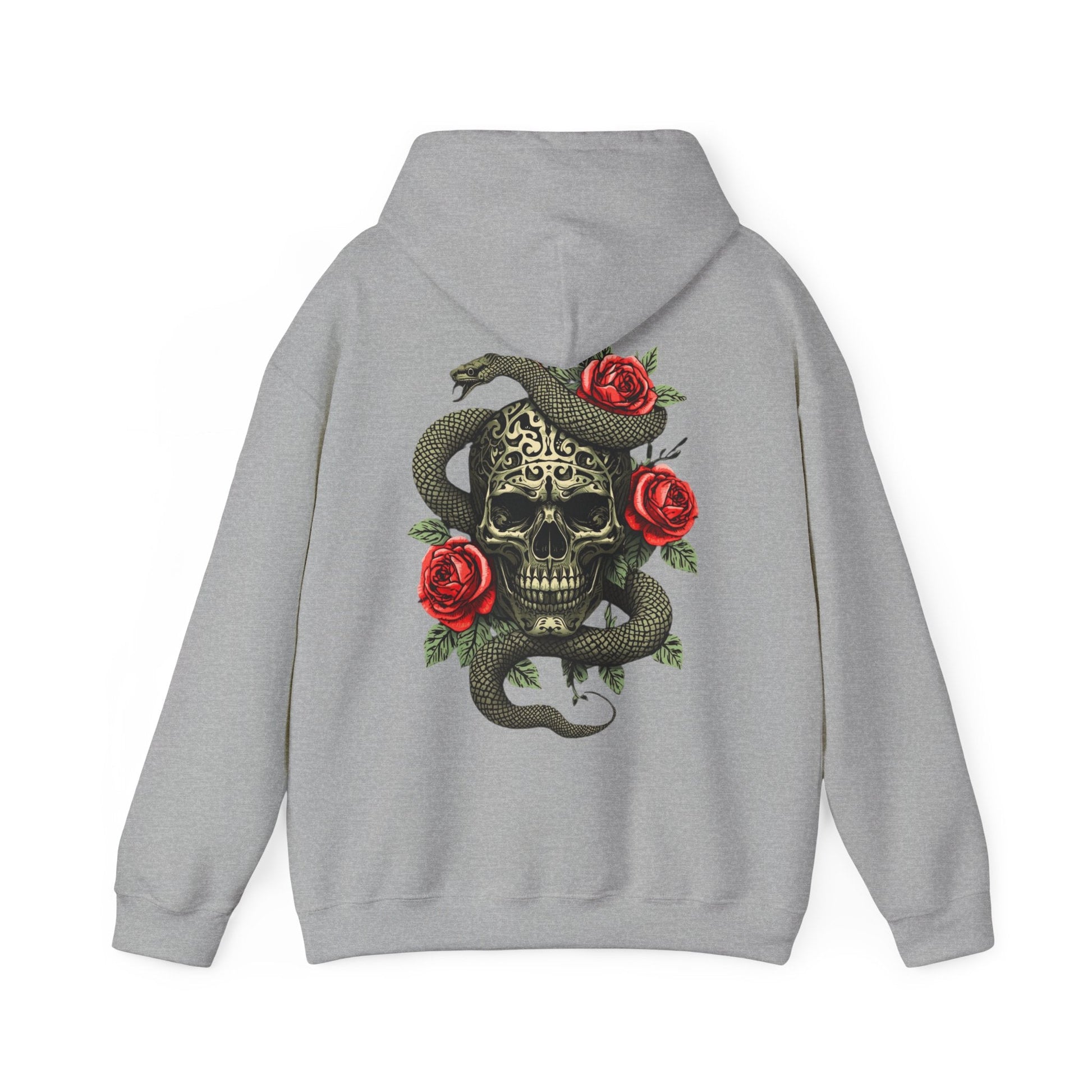 Iron Skull with Snake and Roses Hoodie | Back Print - SJM Print Store