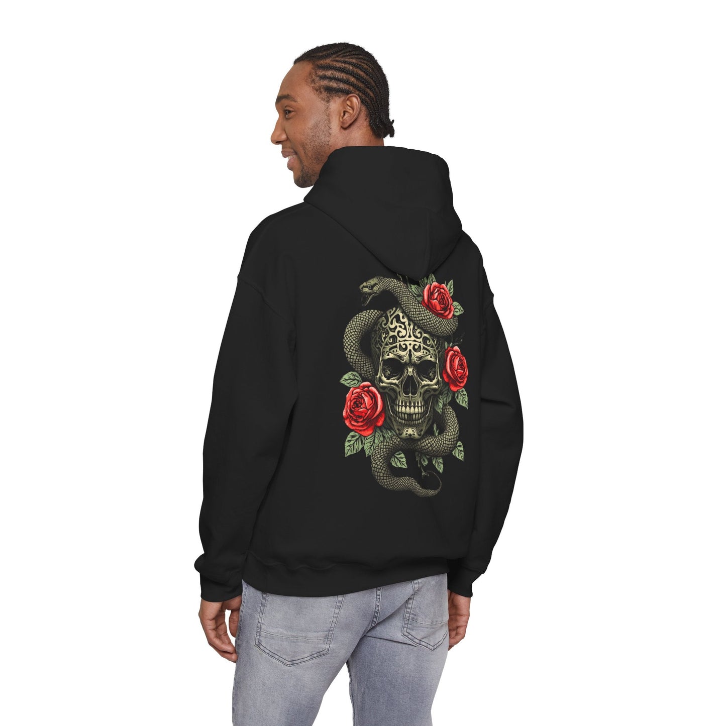 Iron Skull with Snake and Roses Hoodie | Back Print - SJM Print Store