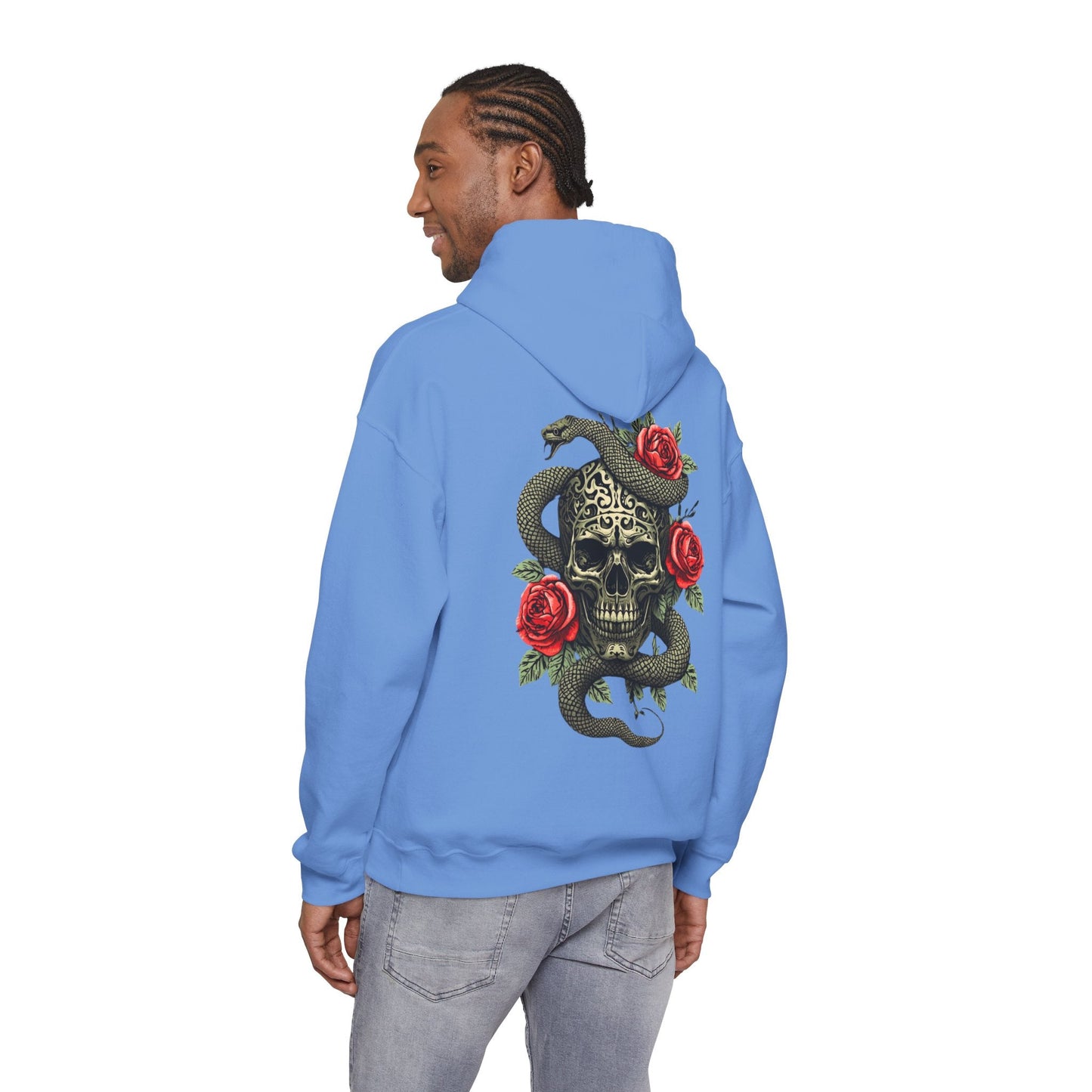 Iron Skull with Snake and Roses Hoodie | Back Print - SJM Print Store