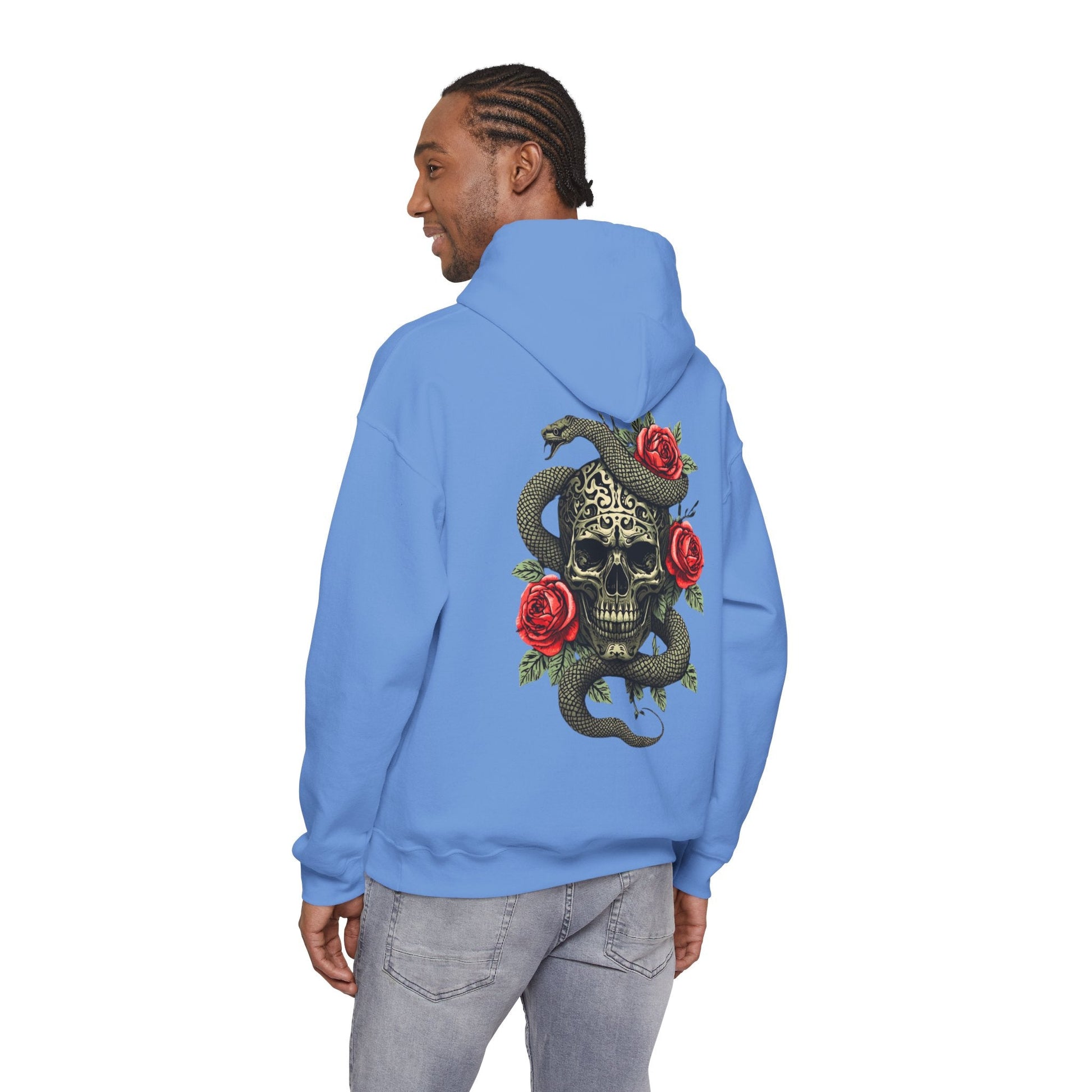 Iron Skull with Snake and Roses Hoodie | Back Print - SJM Print Store