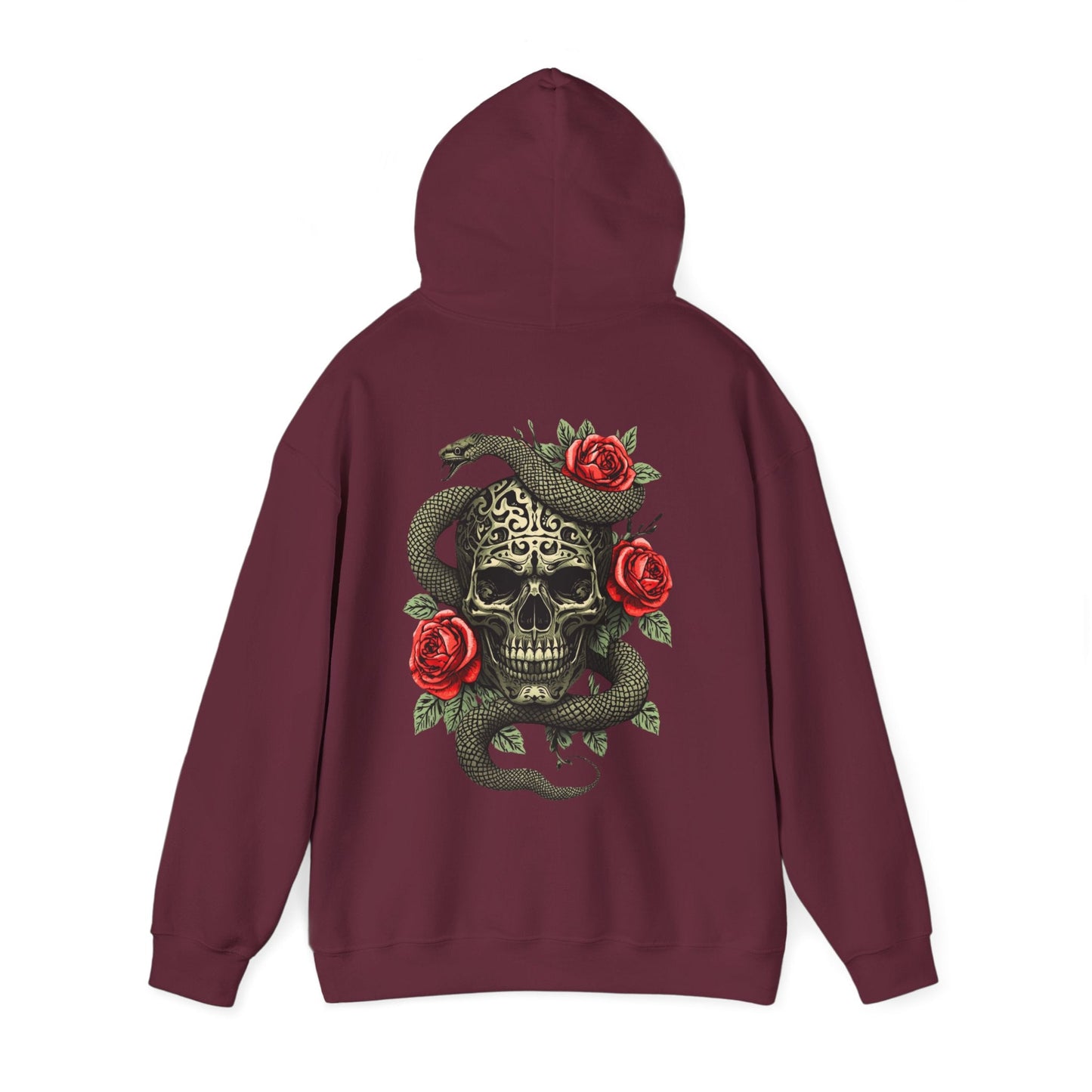 Iron Skull with Snake and Roses Hoodie | Back Print - SJM Print Store