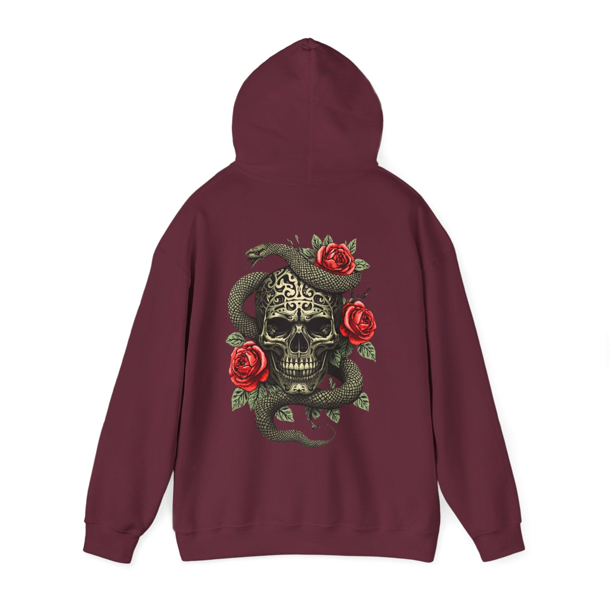 Iron Skull with Snake and Roses Hoodie | Back Print - SJM Print Store