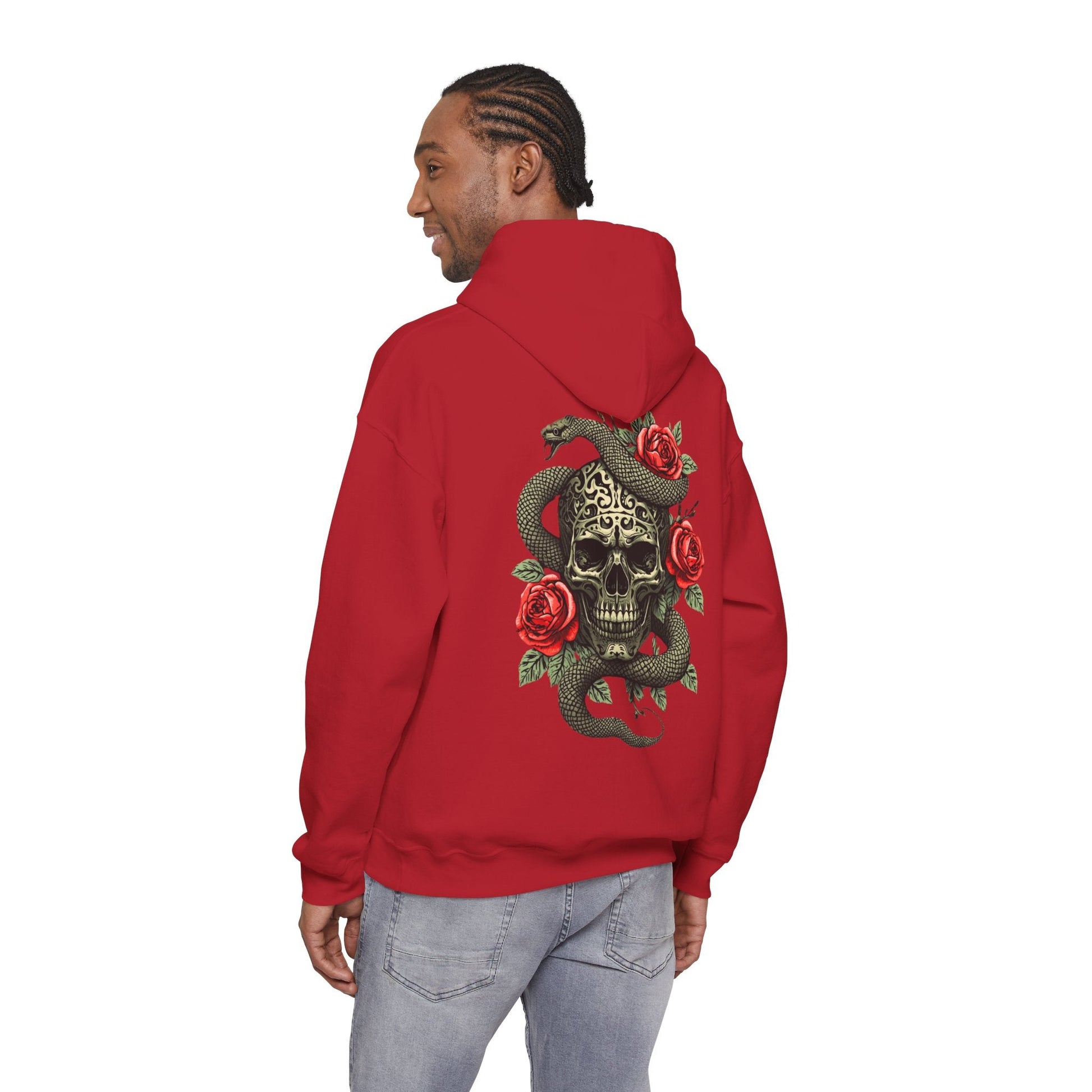 Iron Skull with Snake and Roses Hoodie | Back Print - SJM Print Store