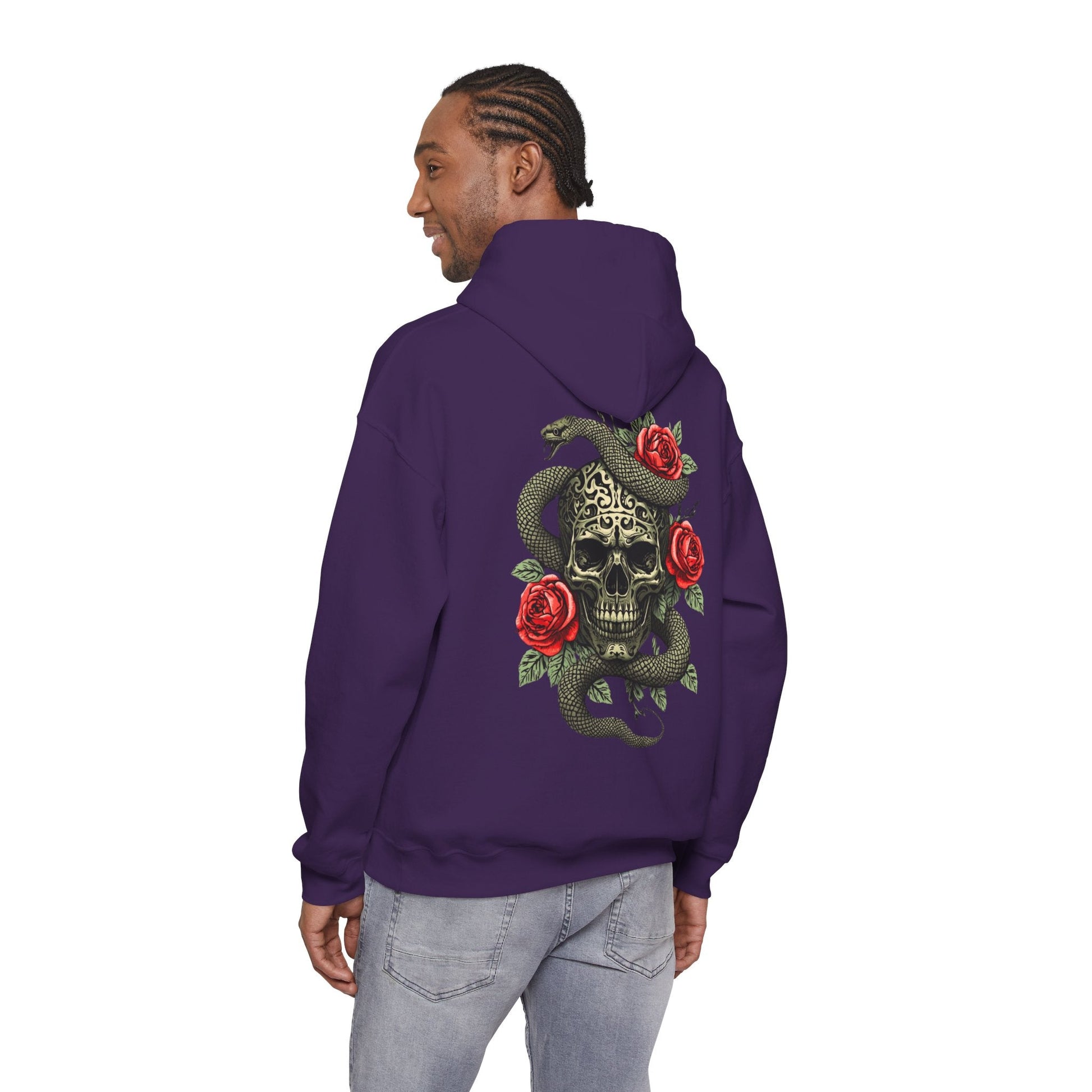 Iron Skull with Snake and Roses Hoodie | Back Print - SJM Print Store