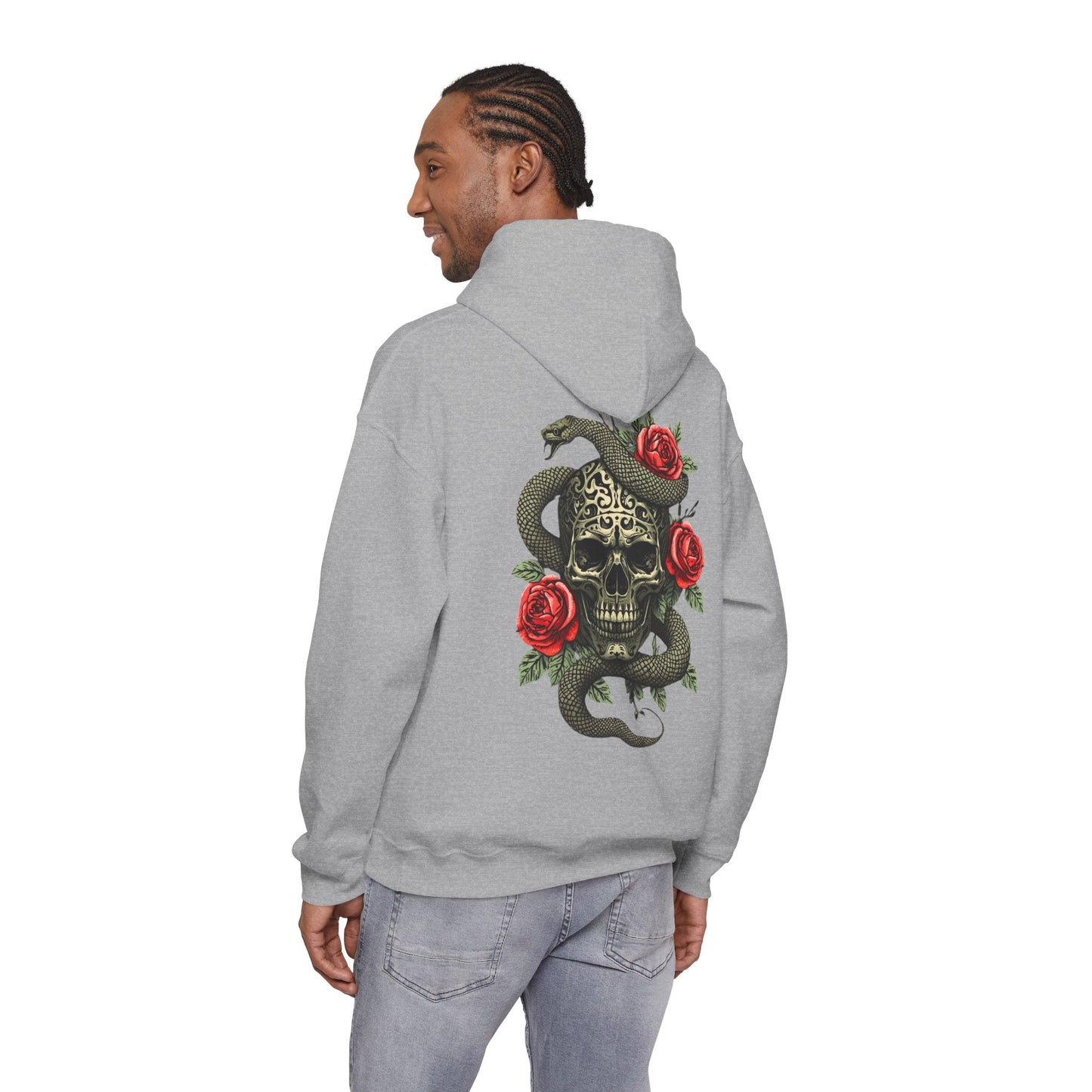Iron Skull with Snake and Roses Hoodie | Back Print - SJM Print Store
