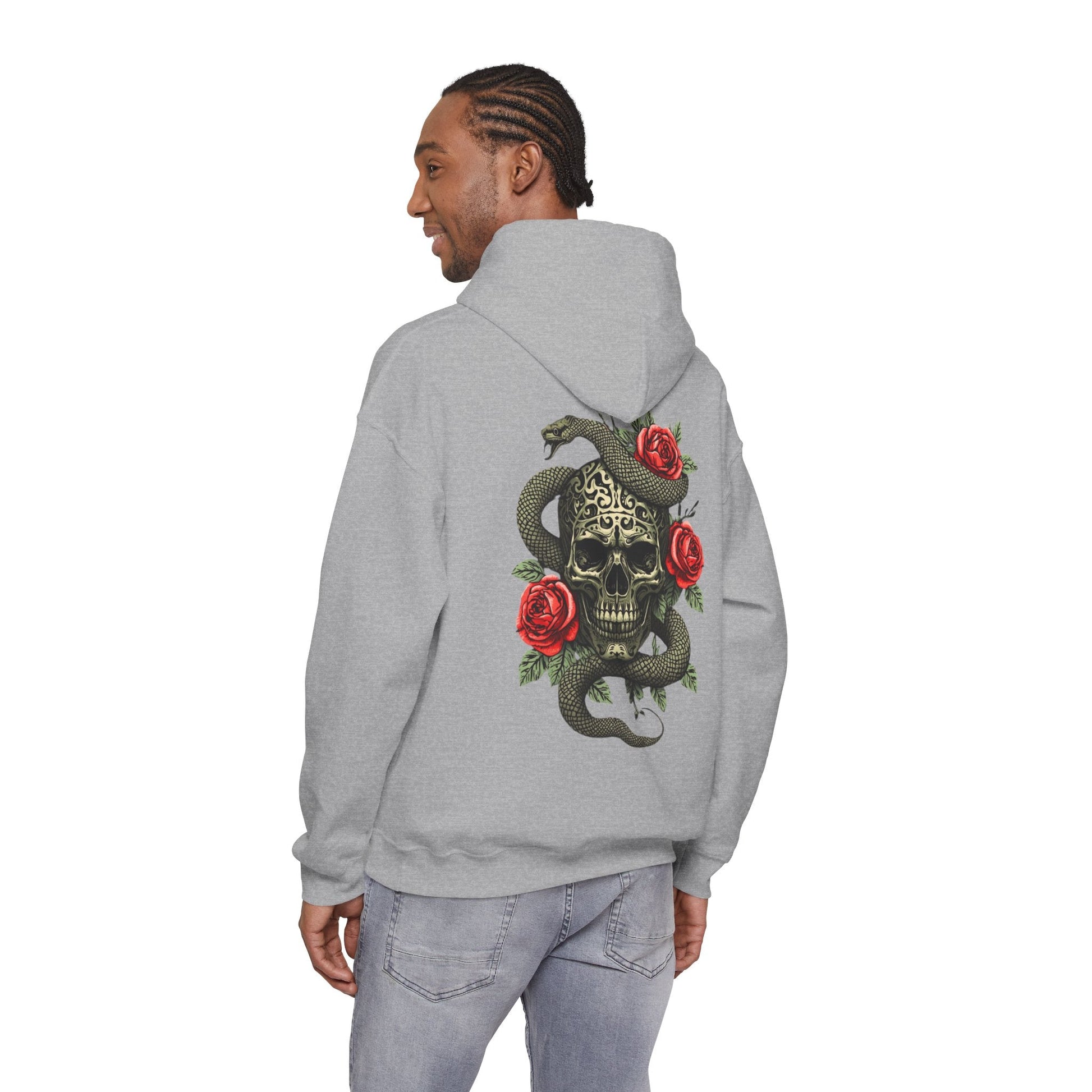 Iron Skull with Snake and Roses Hoodie | Back Print - SJM Print Store