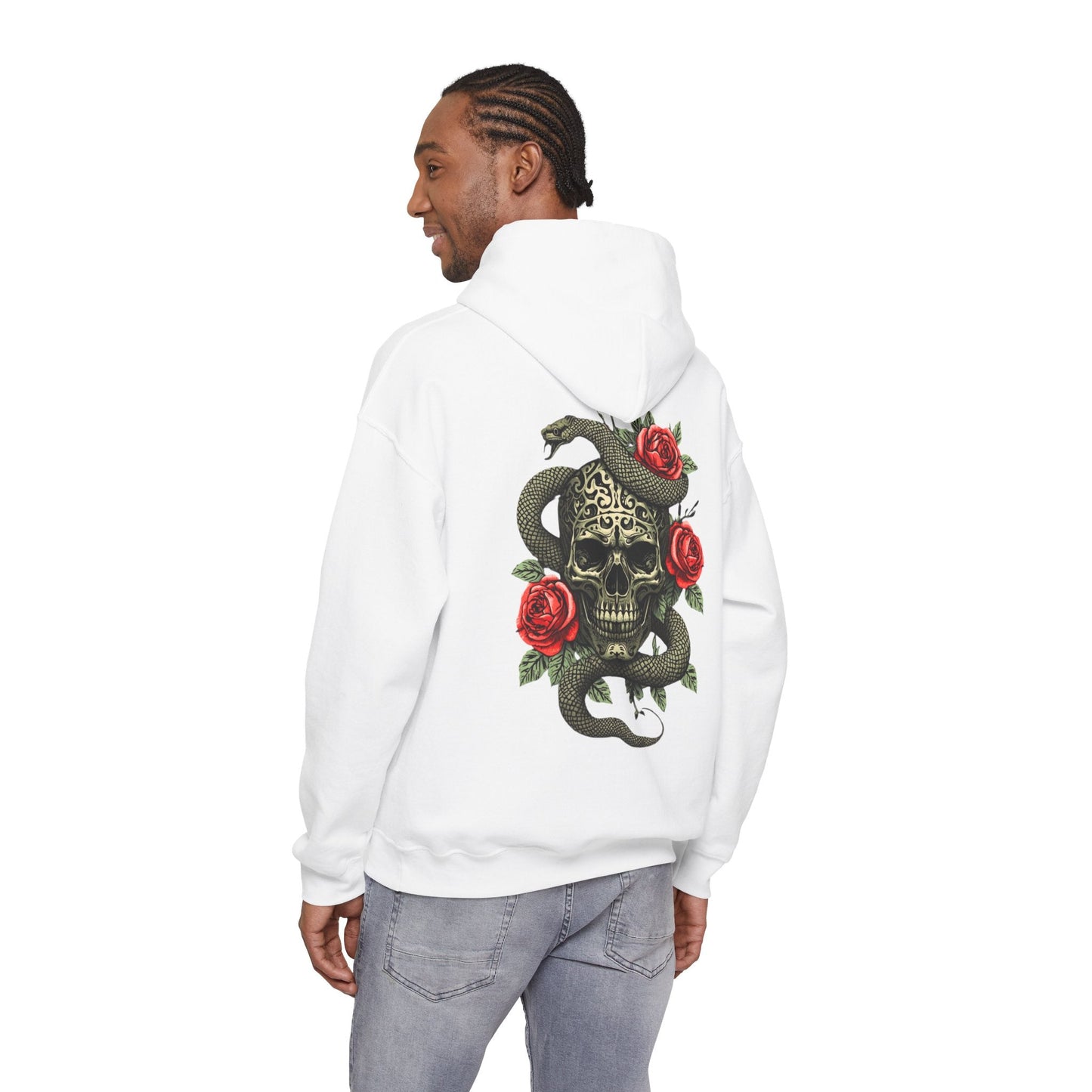 Iron Skull with Snake and Roses Hoodie | Back Print - SJM Print Store