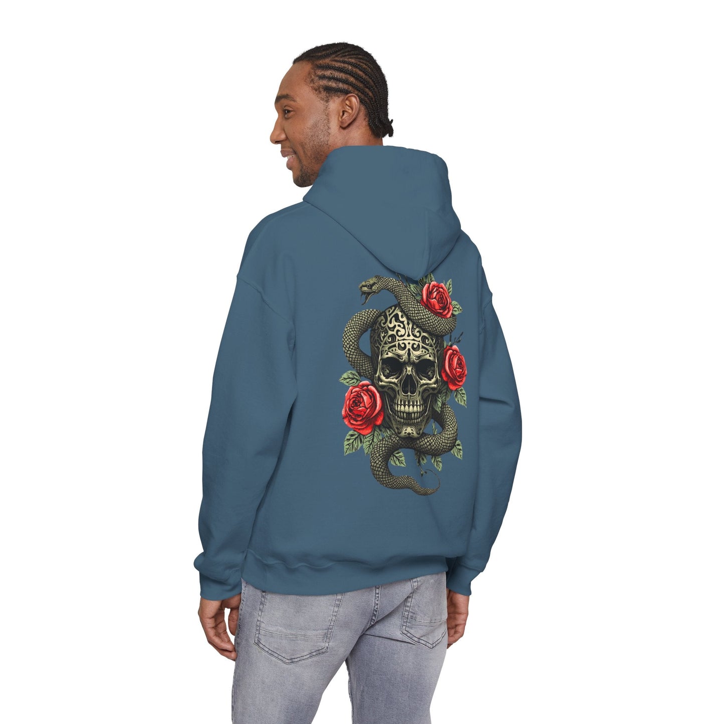Iron Skull with Snake and Roses Hoodie | Back Print - SJM Print Store