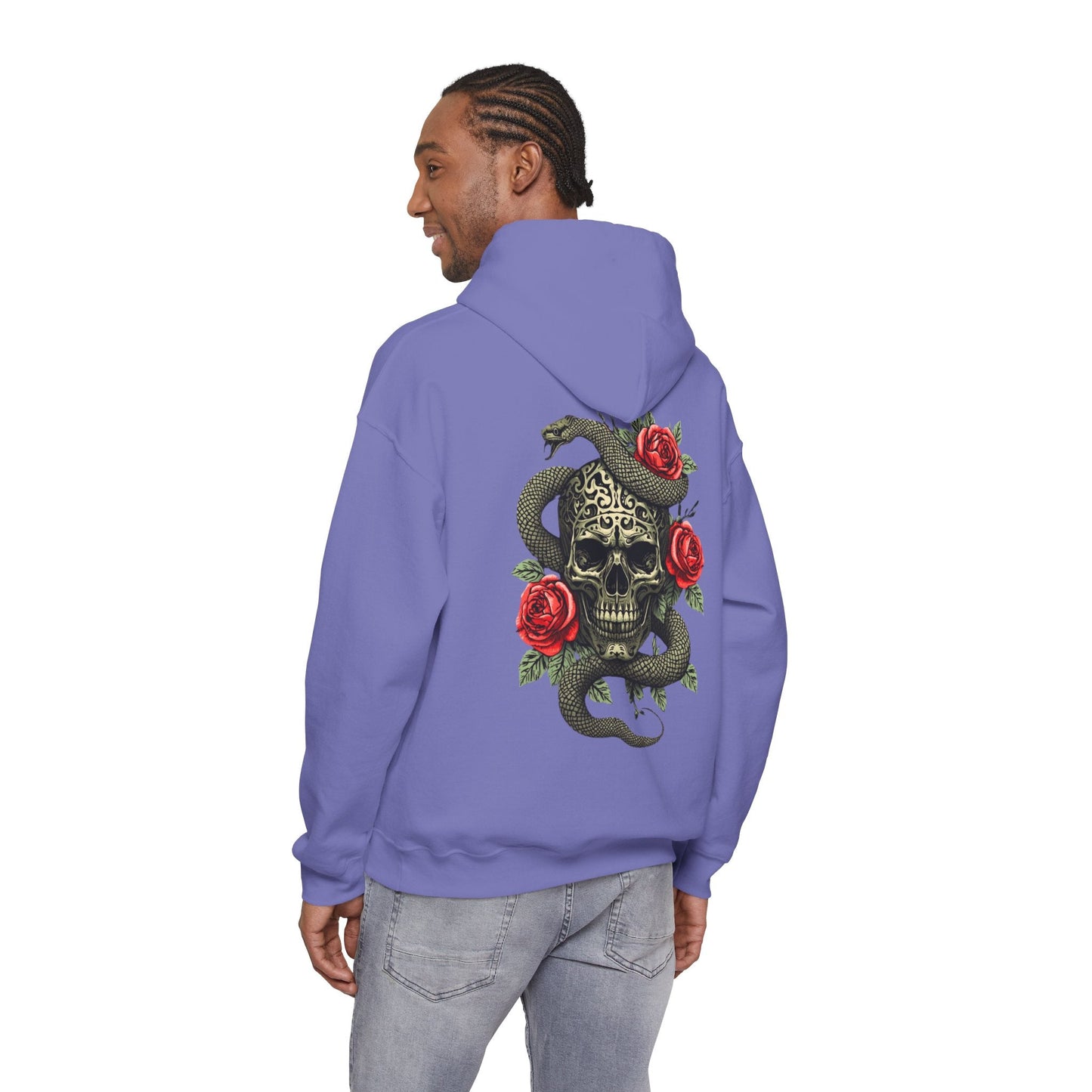 Iron Skull with Snake and Roses Hoodie | Back Print - SJM Print Store