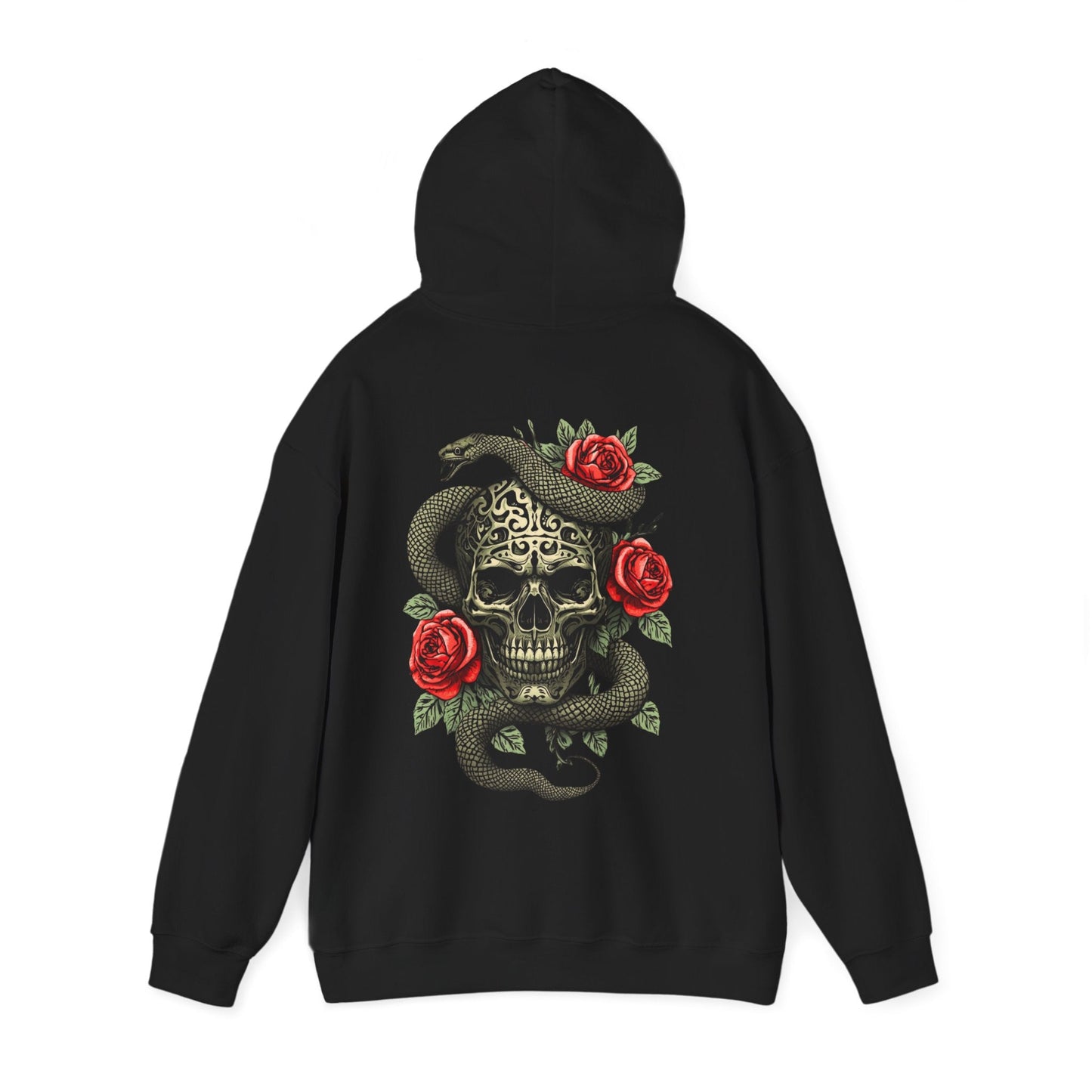 Iron Skull with Snake and Roses Hoodie | Back Print - SJM Print Store