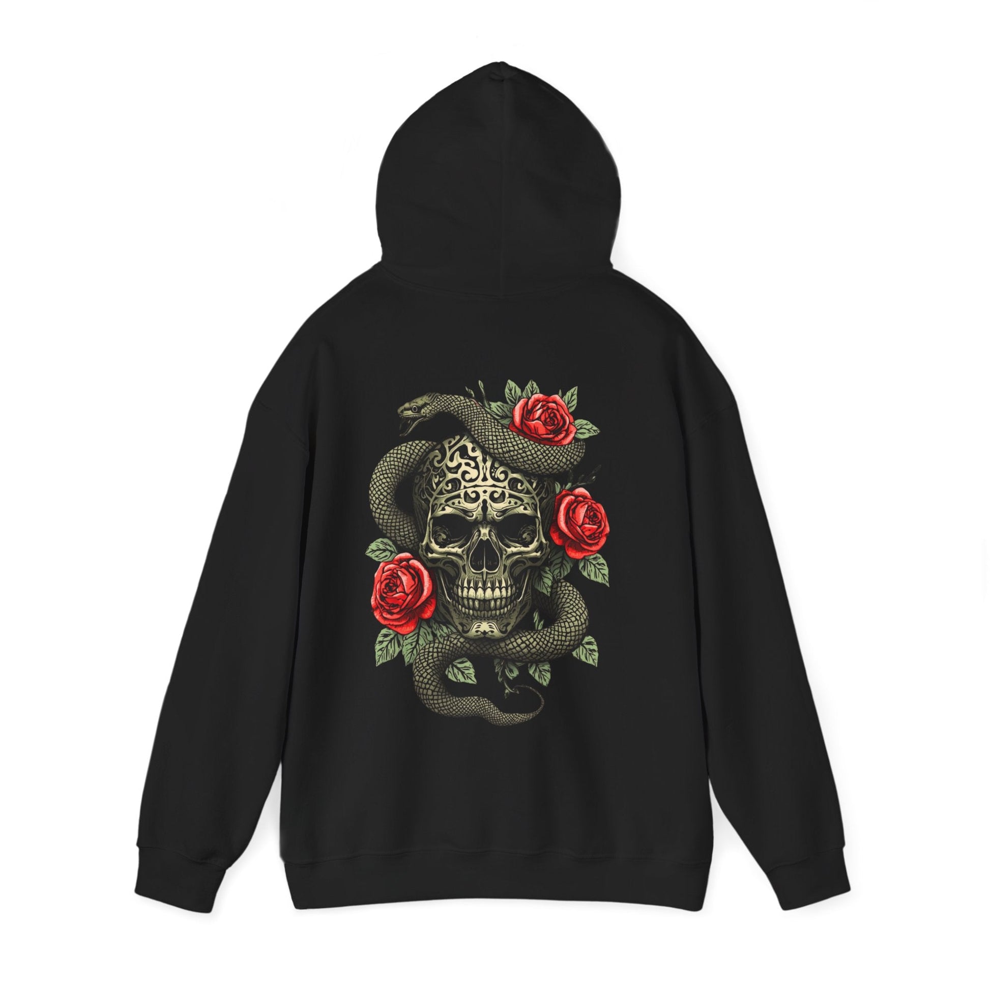 Iron Skull with Snake and Roses Hoodie | Back Print - SJM Print Store