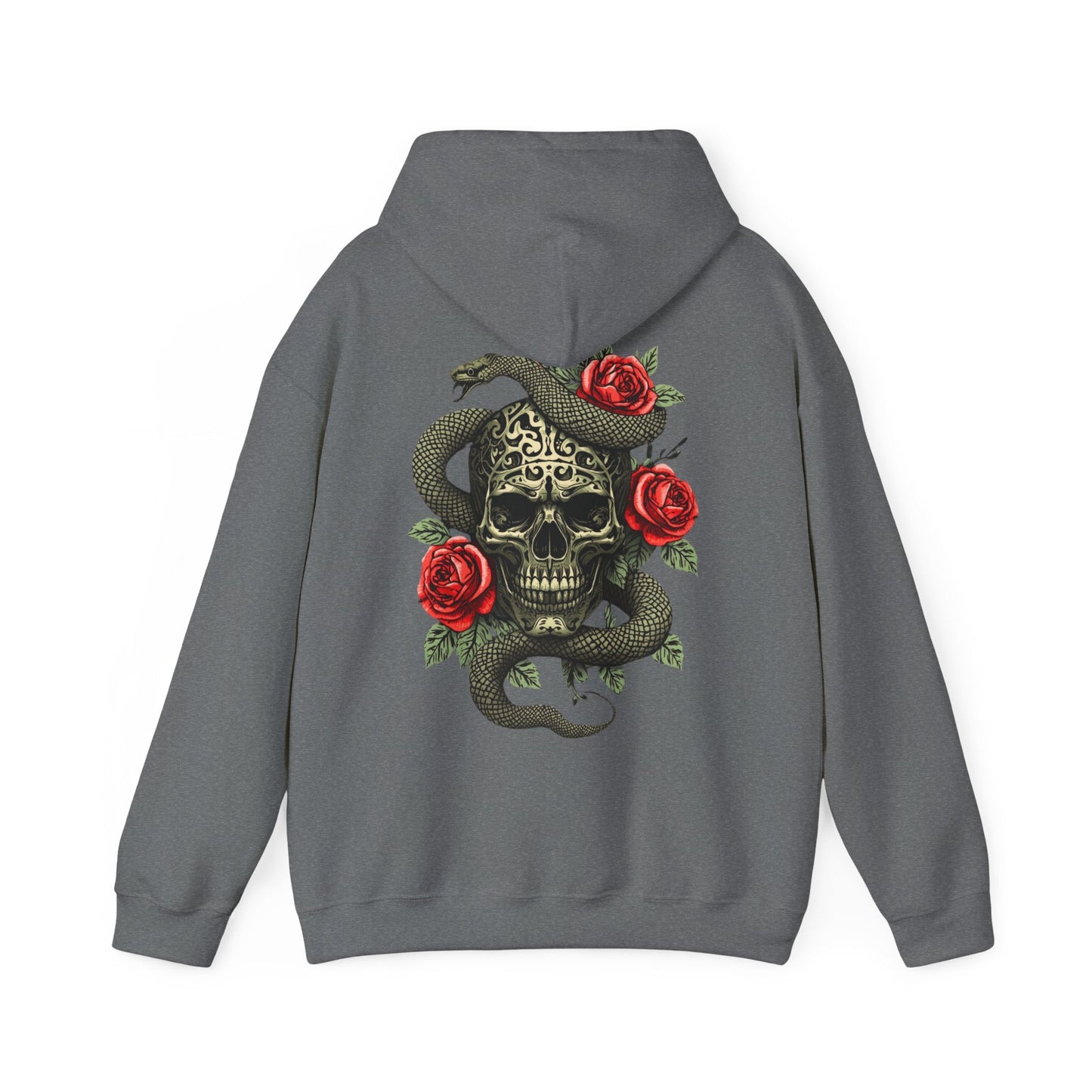 Iron Skull with Snake and Roses Hoodie | Back Print - SJM Print Store
