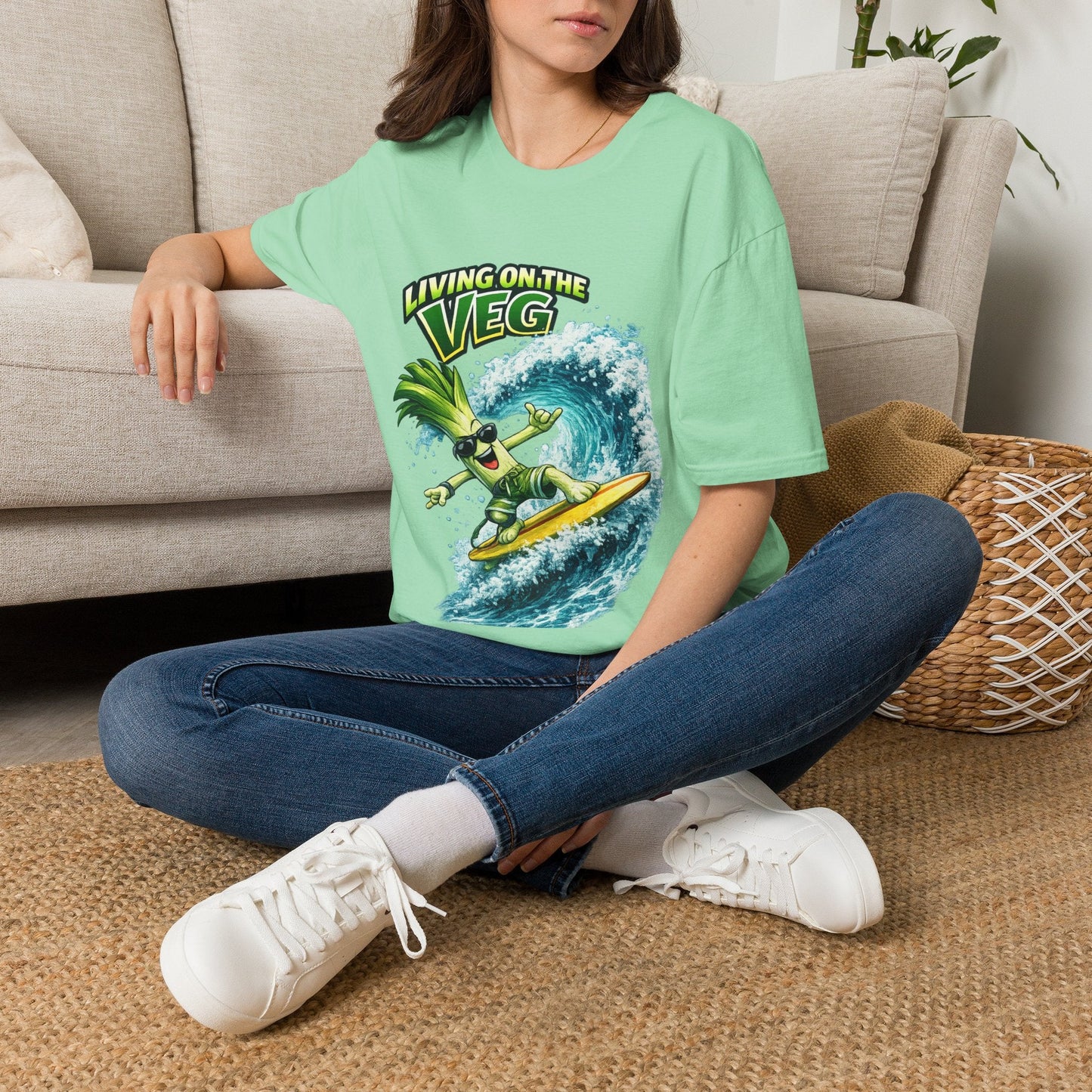 Living on the Veg Leek Surfing T-Shirt - SJM Print Store