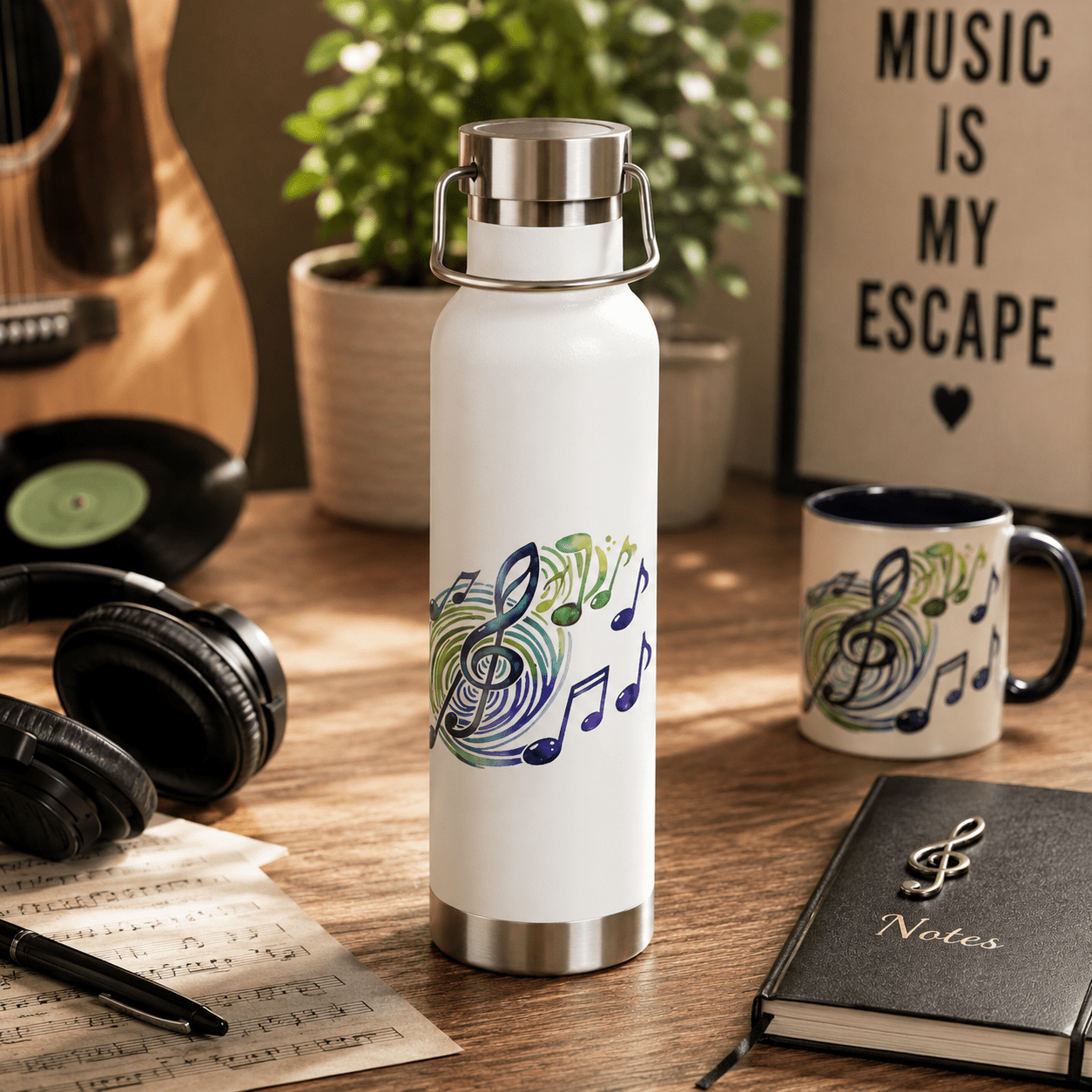 Musical Notes Insulated Flask | Stainless Steel Water Bottle | Music Lover Gift | Vacuum Flask for Singers, Musicians & Music Fans - SJM Print Store