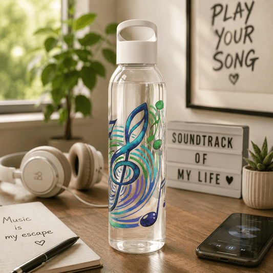 Musical Notes Plastic Water Bottle | Reusable Water Bottle | Music Lover Gift | Gift for Singers, Musicians & Music Fans | 20oz Clear Bottle - SJM Print Store