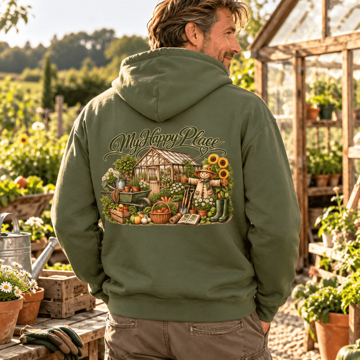 My Happy Place Greenhouse – Back Print Hoodie - SJM Print Store