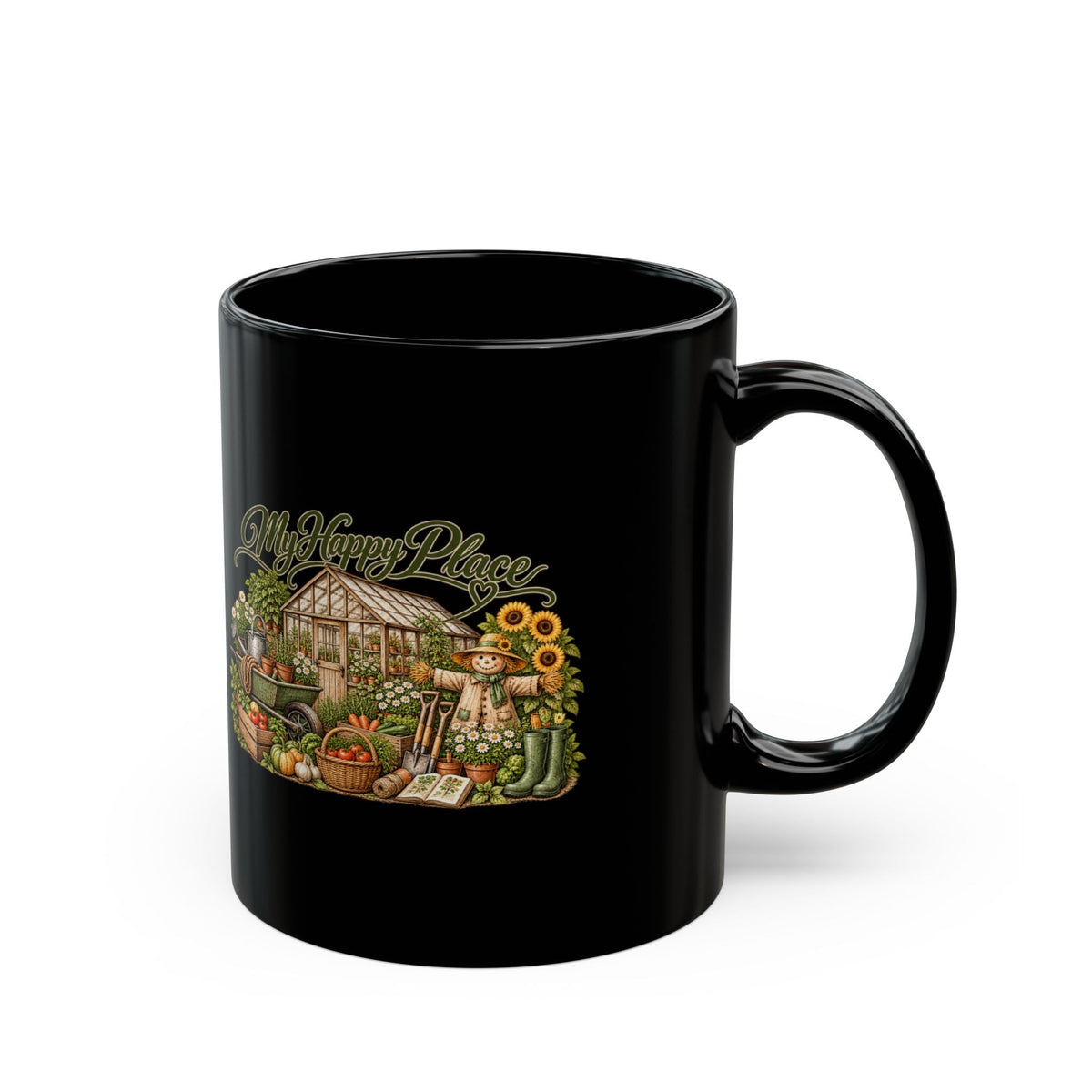 My Happy Place Greenhouse – Black Coffee Mug - SJM Print Store