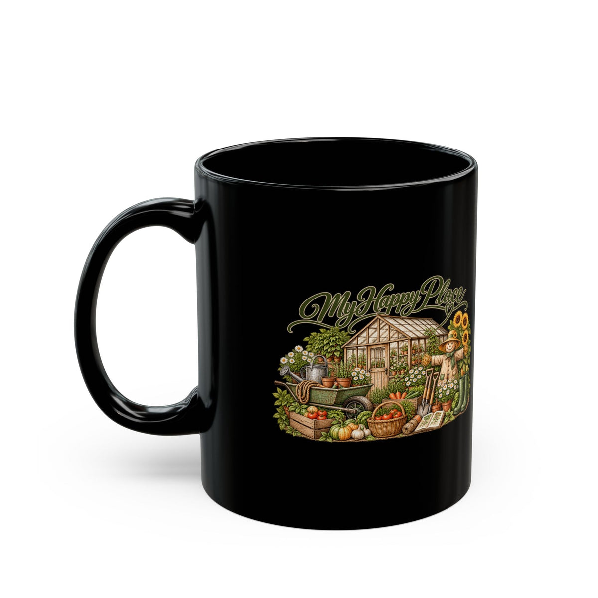 My Happy Place Greenhouse – Black Coffee Mug - SJM Print Store