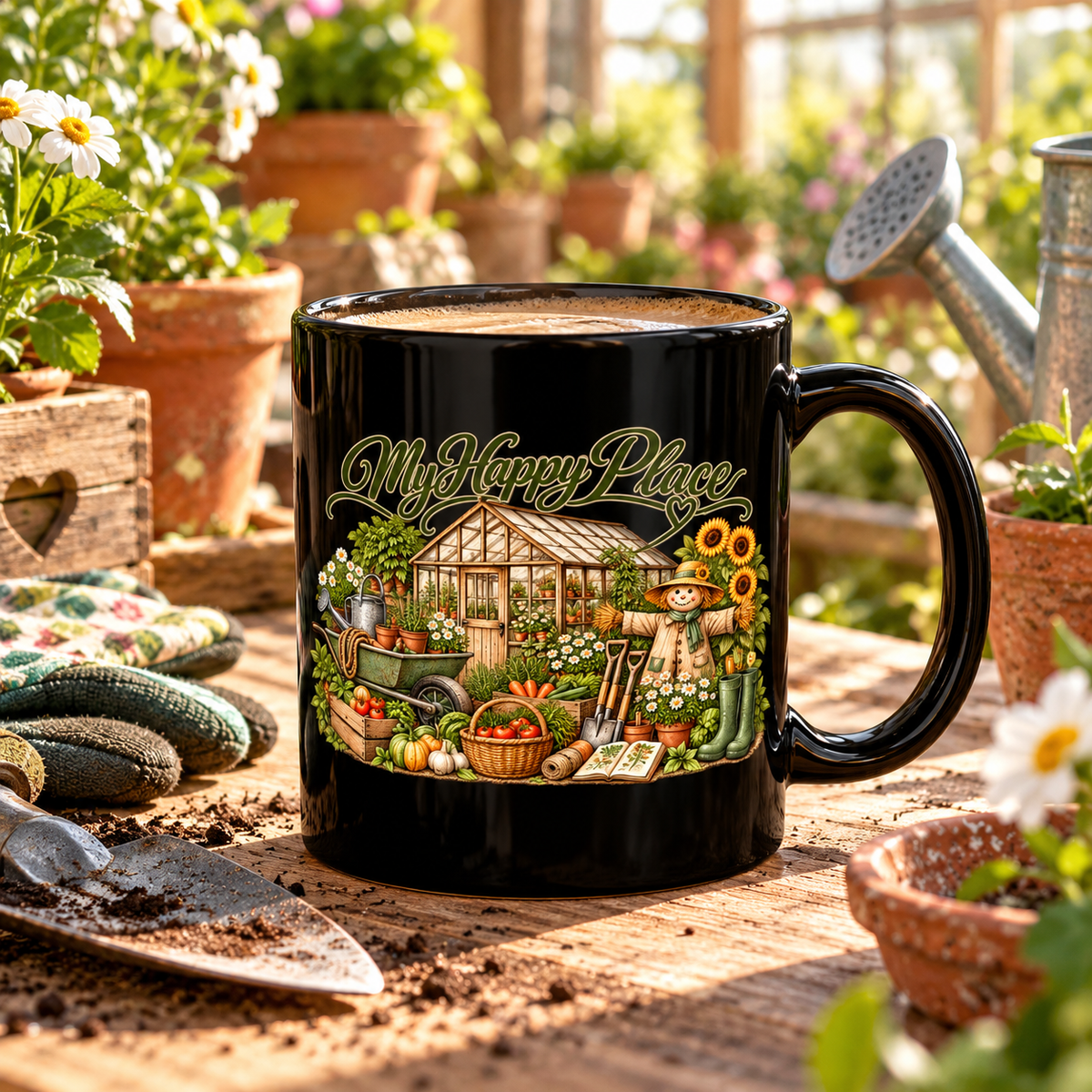 My Happy Place Greenhouse – Black Coffee Mug - SJM Print Store