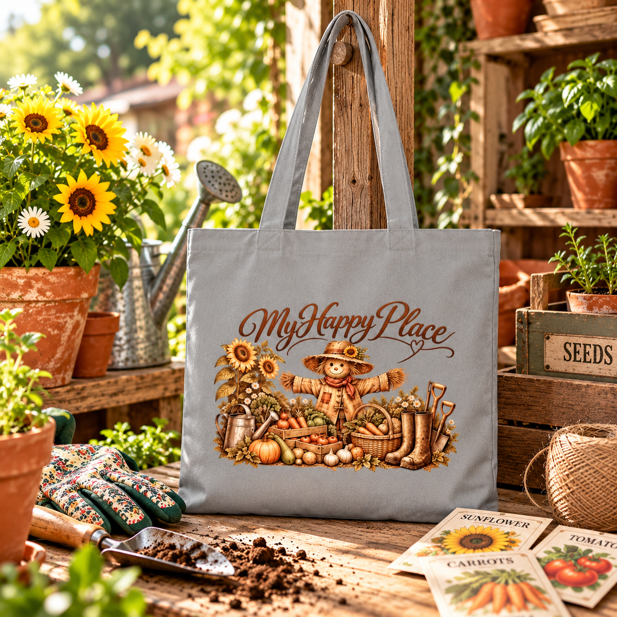 My Happy Place Scarecrow – Gardening Tote Bag - SJM Print Store