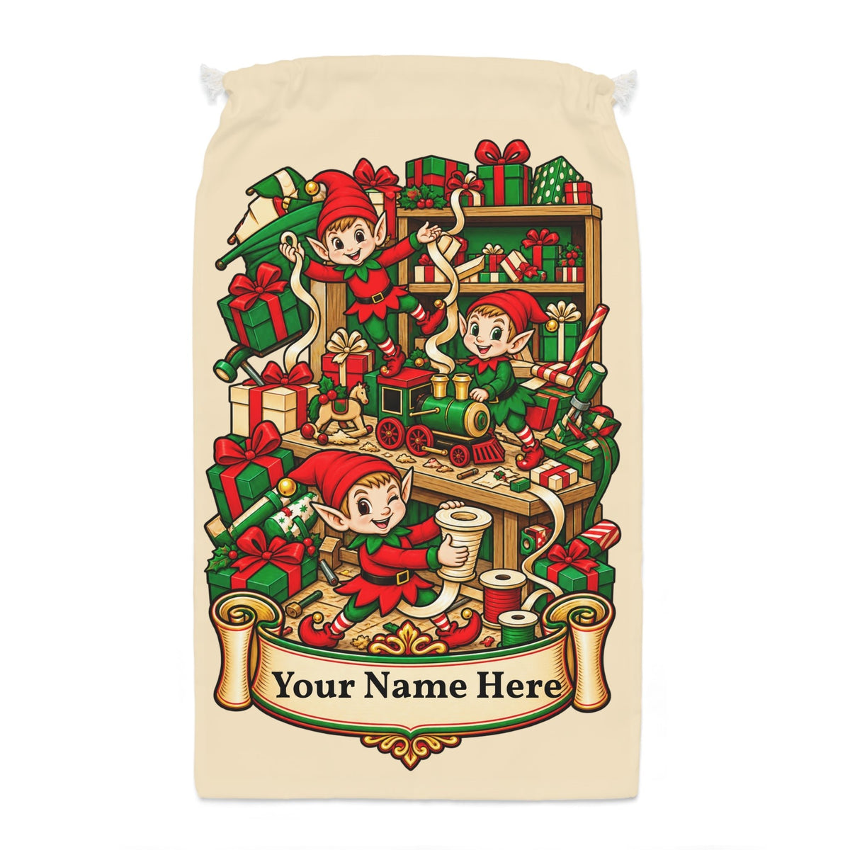 Personalised Christmas Elves Gift Sack – Santa’s Workshop Christmas Sack - SJM Print Store