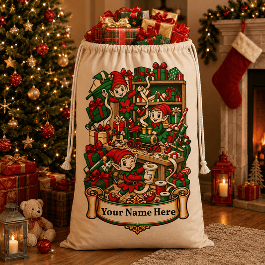 Personalised Christmas Elves Gift Sack – Santa’s Workshop Christmas Sack - SJM Print Store