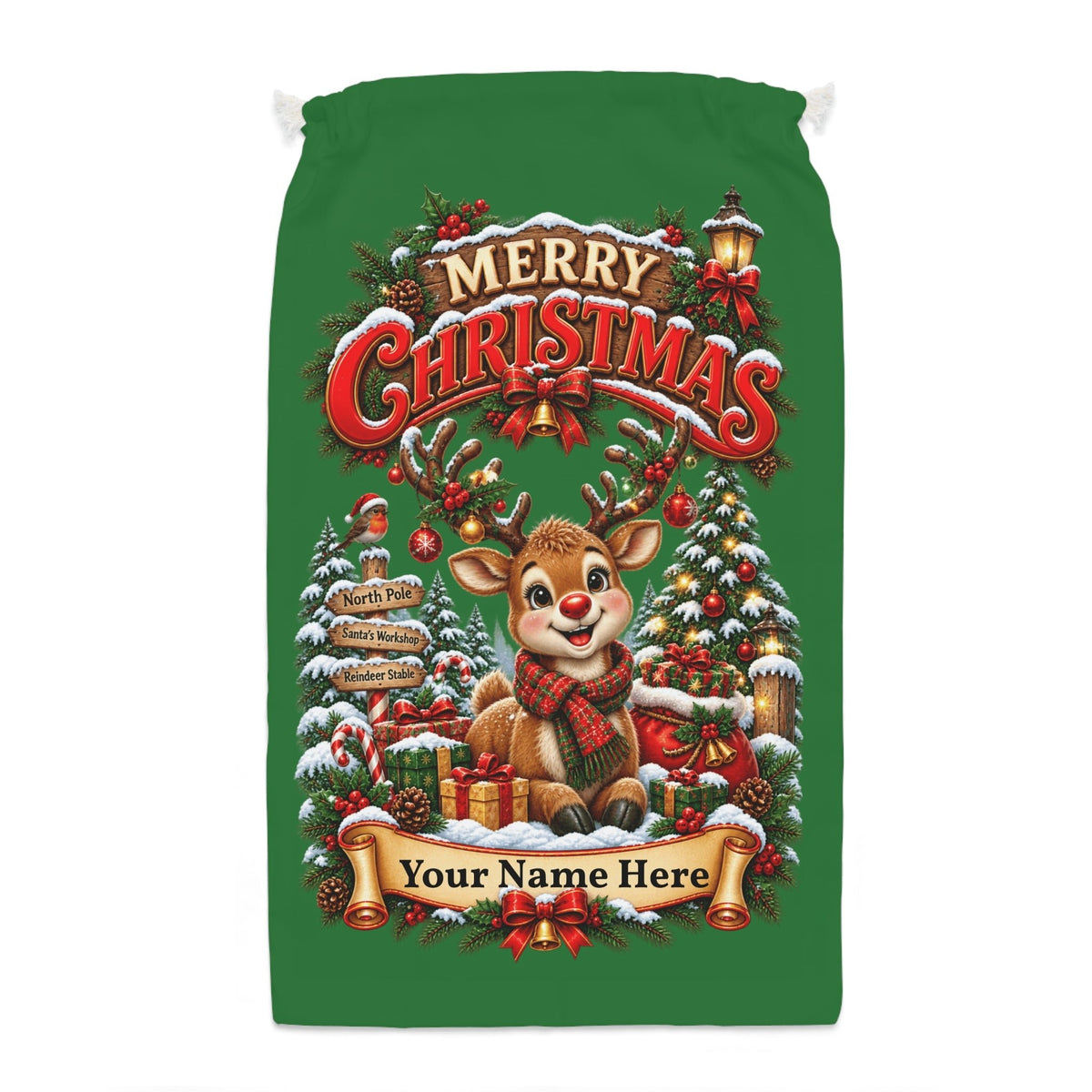 Personalised Reindeer Christmas Sack – Green Christmas Gift Sack - SJM Print Store
