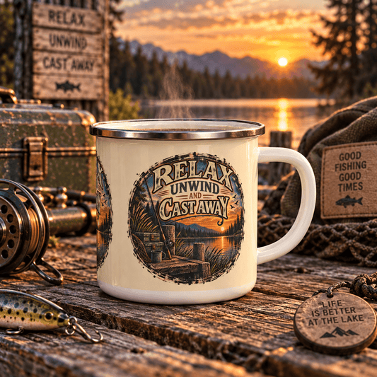 Relax, Unwind & Cast Away Enamel Mug – Vintage Fishing Mug - SJM Print Store