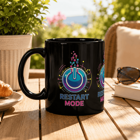 Restart Mode Black Mug | Positive Lifestyle Coffee Mug | Triple Print Ceramic Mug | Work-Life Balance Gift | 11oz Mug - SJM Print Store